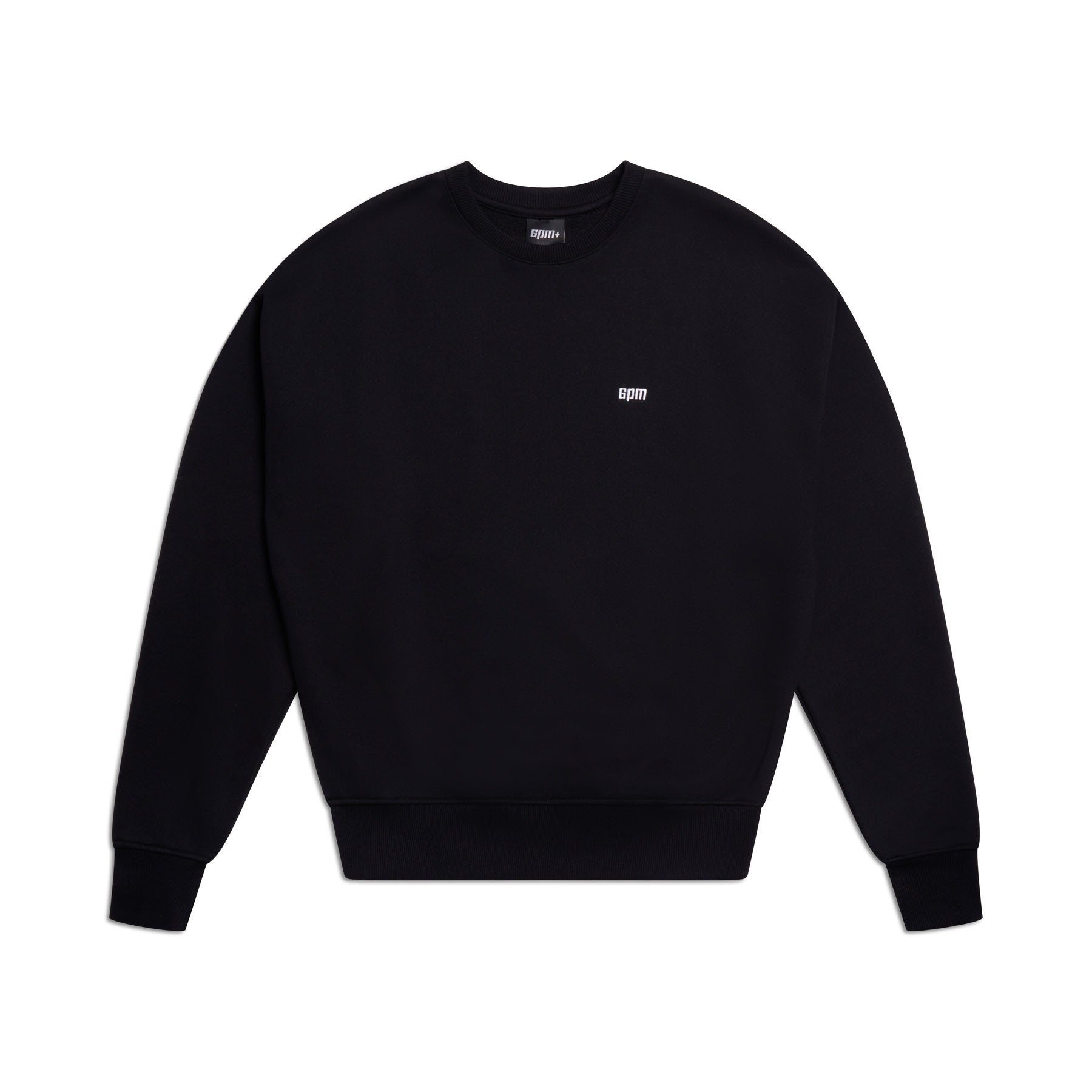 The 6PM CREWNECK BLACK is a black sweatshirt with ribbed trims, long sleeves, and a small white EDM logo centered on the chest, shown against a white background.