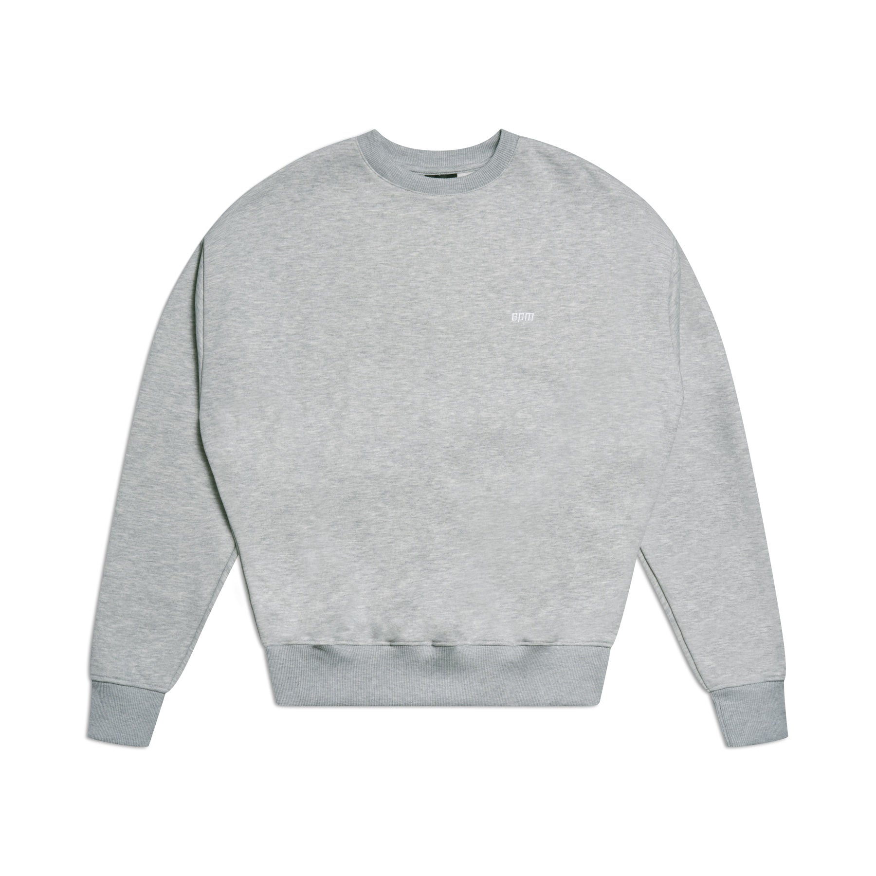 The 6PM CREWNECK GREY MELANGE is a light gray sweatshirt with long sleeves, ribbed collar, cuffs, and hem, featuring a small white logo on the left chest and shown against a white background.