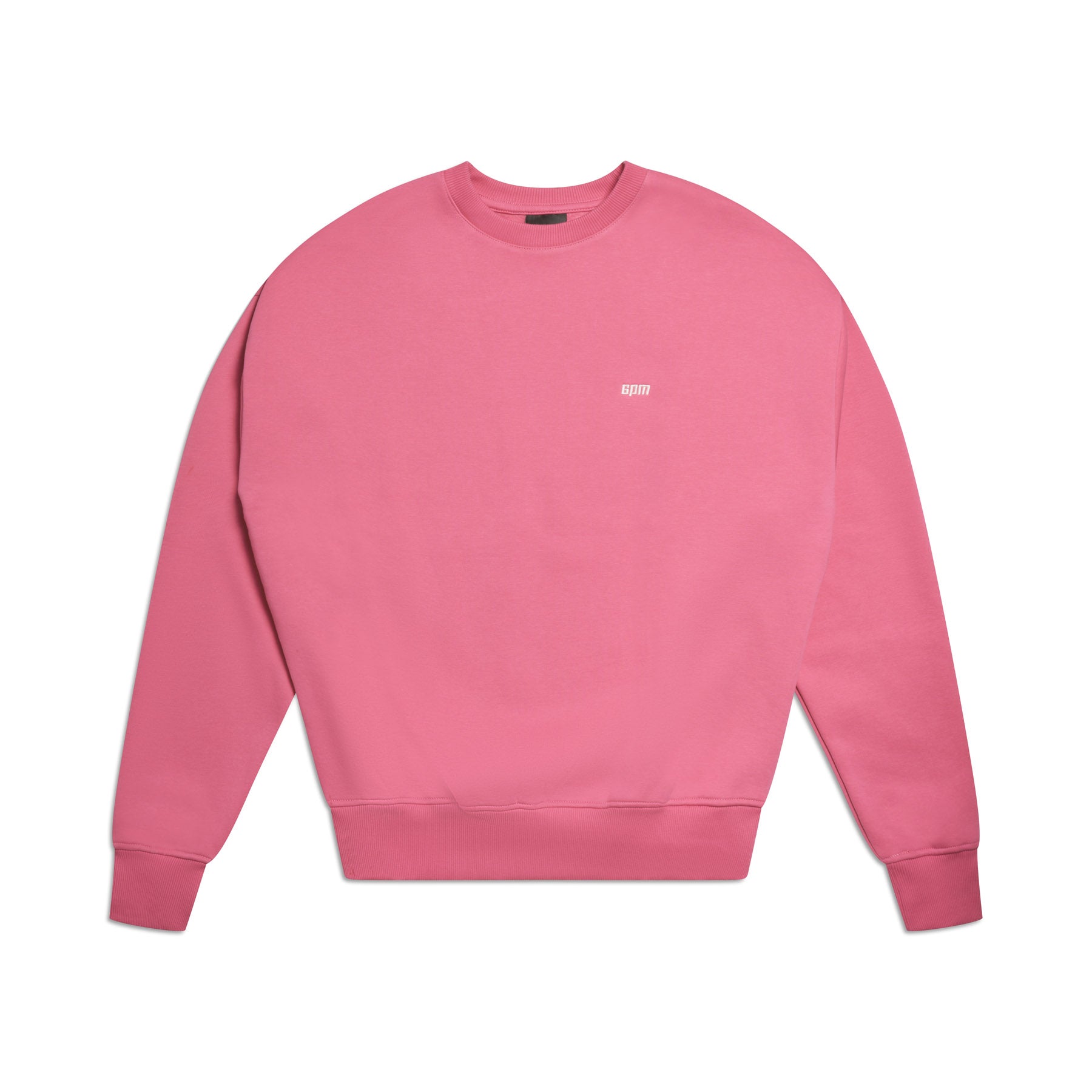 The 6PM CREWNECK HOT PINK is a boxy fit crewneck sweatshirt with long sleeves, ribbed trims, and a small white logo on the left chest, shown flat on a white background.