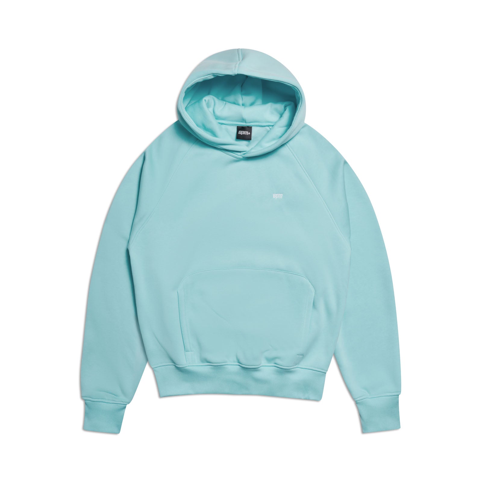 The 6PM HOODIE TURQUOISE features raglan long sleeves, a kangaroo pocket, and a small white chest logo. Shown laid flat on a white background; ideal for everyday wear.