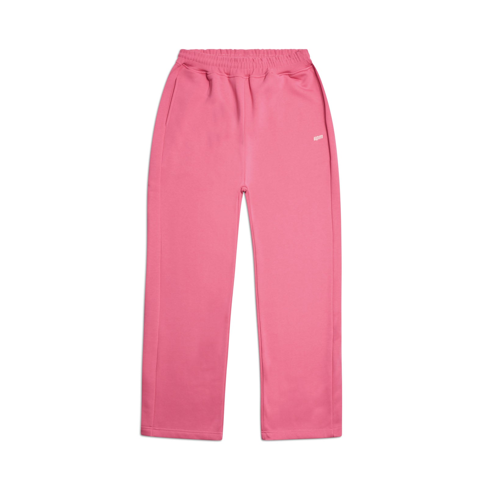 The 6PM OPEN LEG JOGGER HOT PINK features straight legs, an elastic waistband, side pockets, a small white logo on the left hip, and is shown laid flat against a white background.