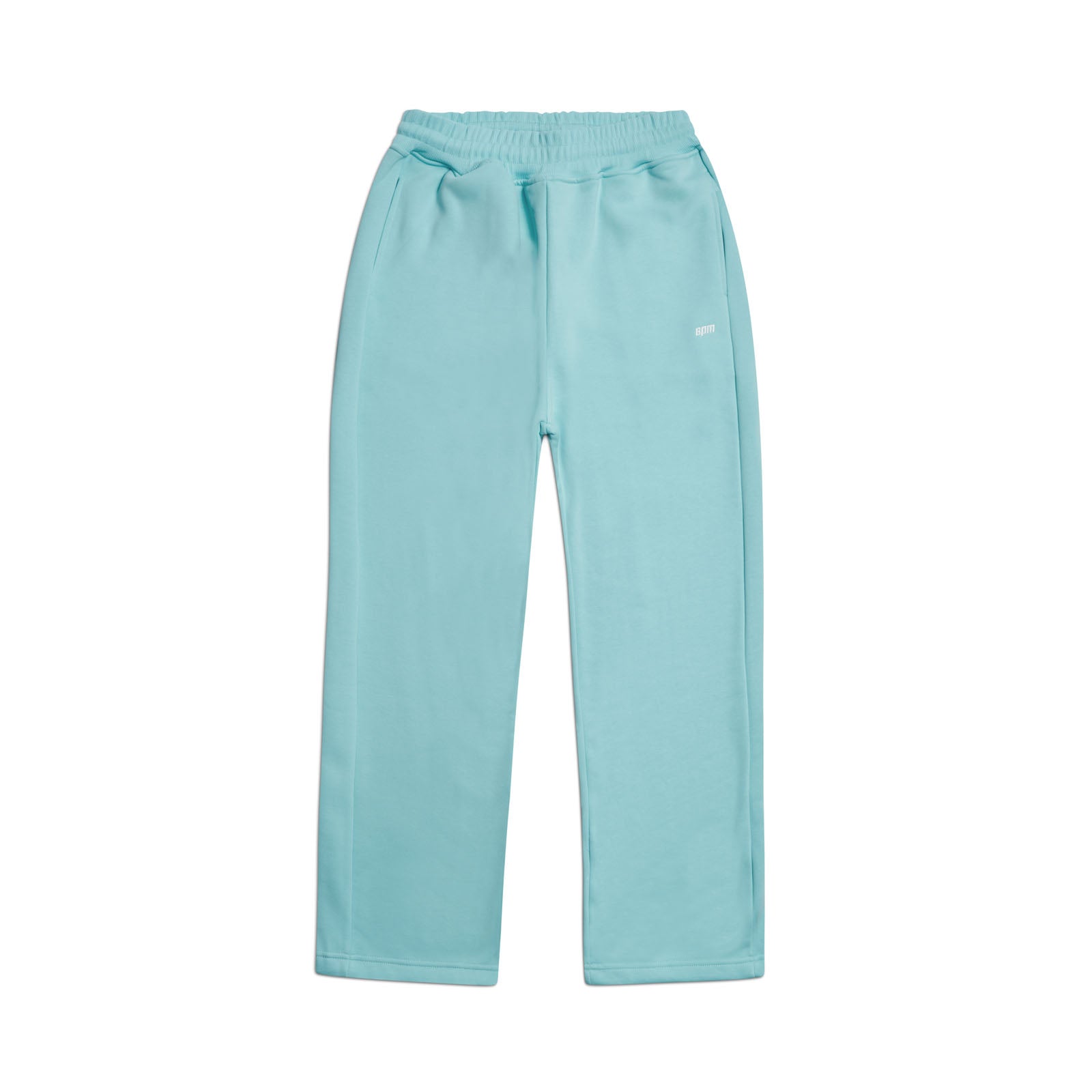 The 6PM OPEN LEG JOGGER TURQUOISE features an elastic waistband, straight open legs, and side pockets for a modern classic look. Shown laid flat on a white background.