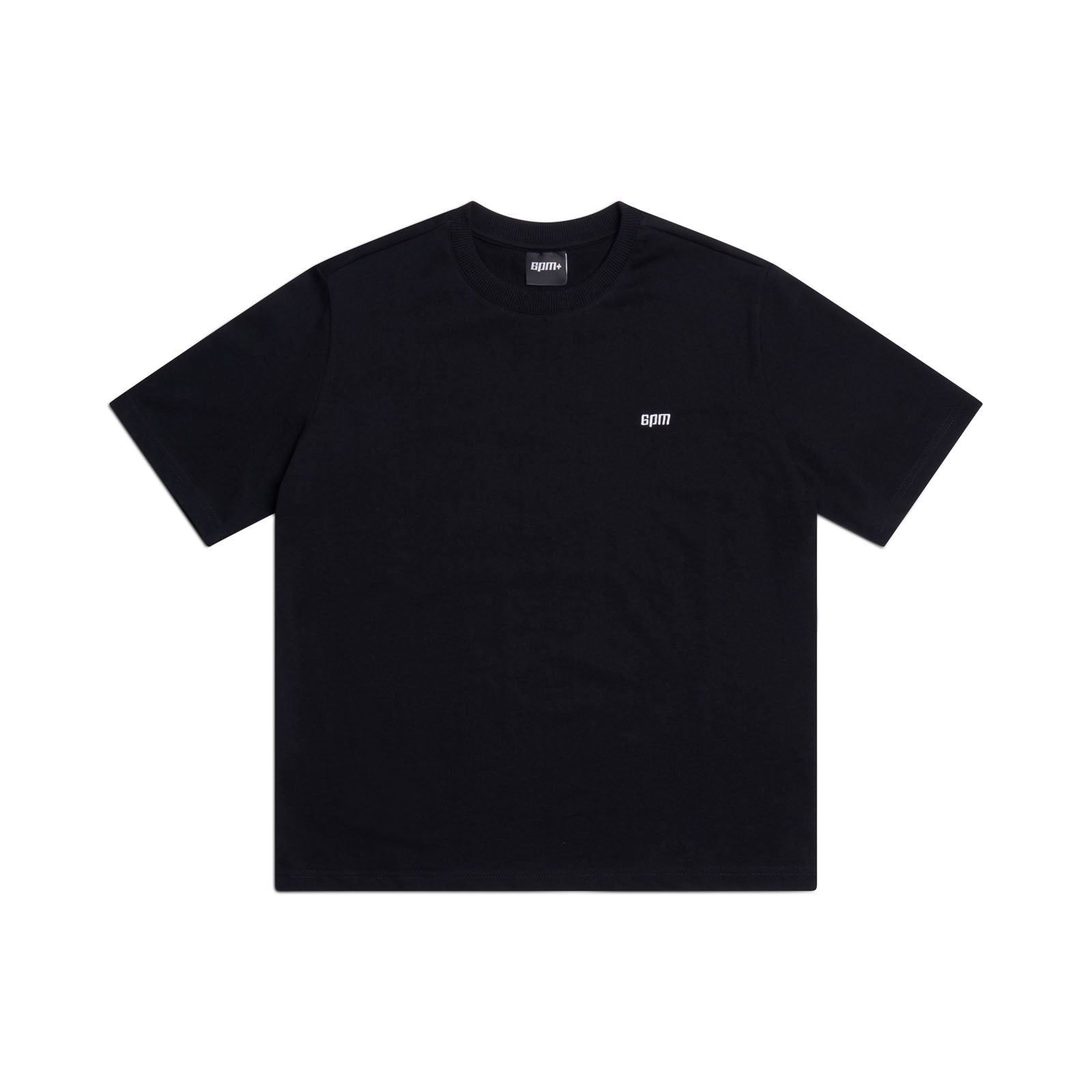 The 6PM T-SHIRT BLACK is a classic black short-sleeve tee featuring a small white logo on the left chest, shown against a white background.