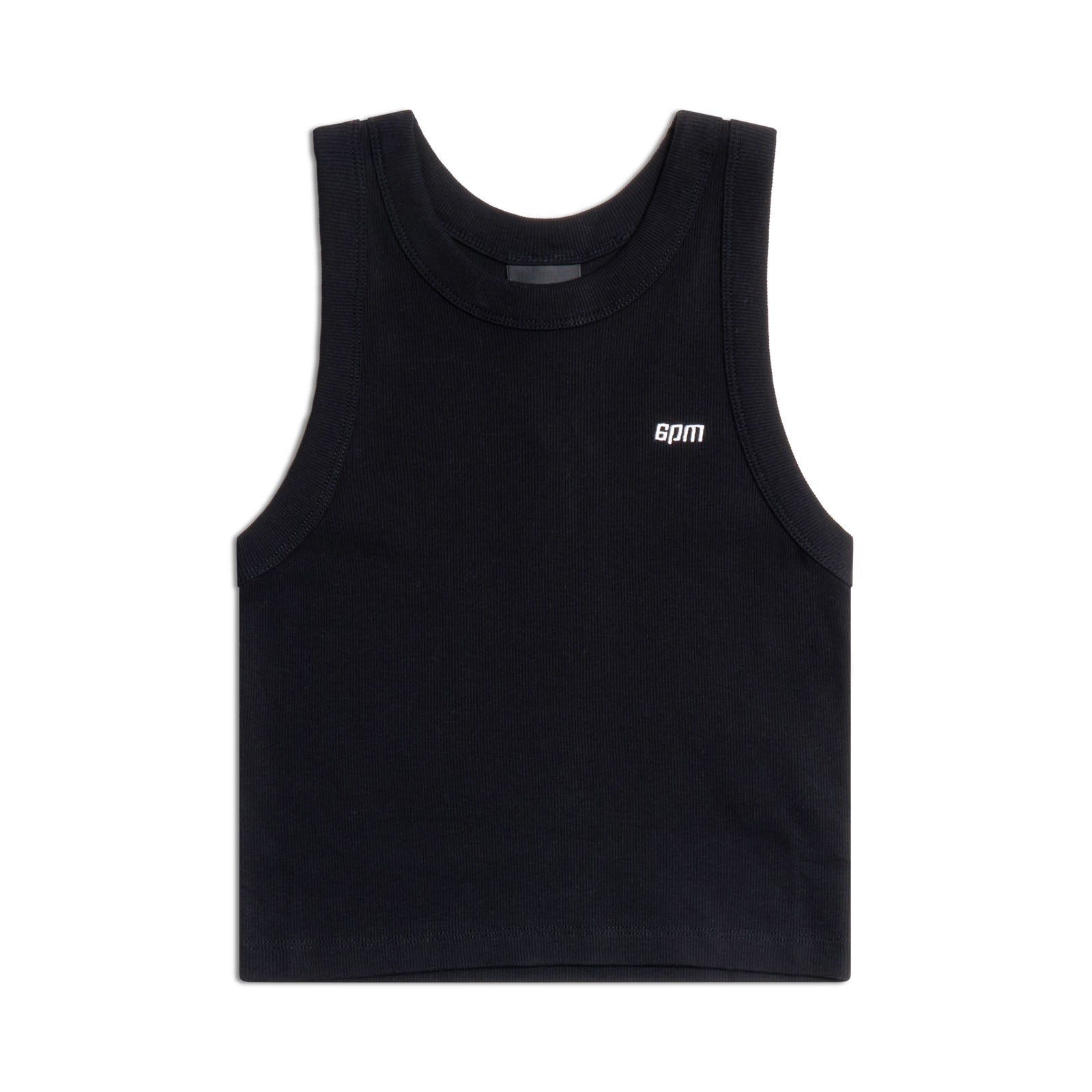 The CROP TOP BLACK (SINGLE) by 6PM is a black ribbed cotton cropped tank with a round neckline and a small white 6PM logo on the left chest, shown against a white background.