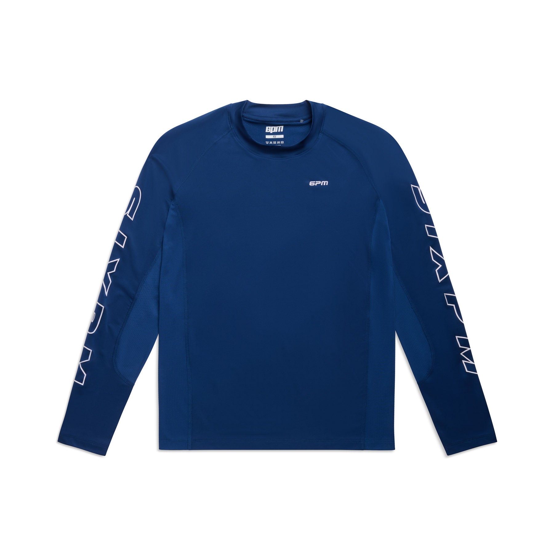The 6PM SPORTS LONGSLEEVE DEEP SEA BLUE by 6PM is a navy long-sleeve athletic shirt with "WAVE" in white on both sleeves and a small EPM logo on the left chest, shown against a white background.