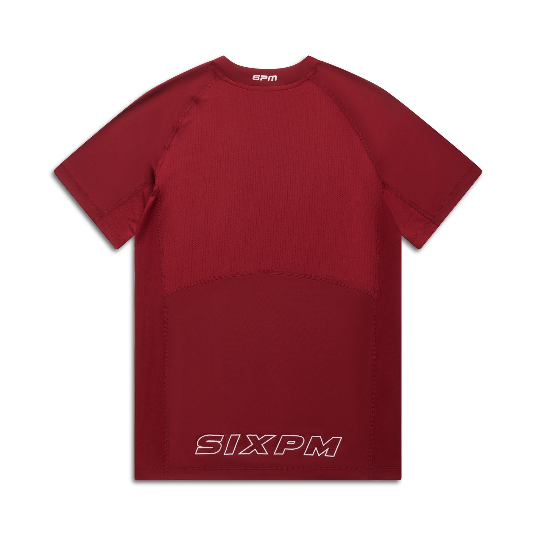 The 6PM SPORTS T-SHIRT WINE RED by 6PM is a red short-sleeved athletic shirt, showcasing "SIXPM" in bold white letters near the bottom back hem and "SPM" in smaller font near the neckline.