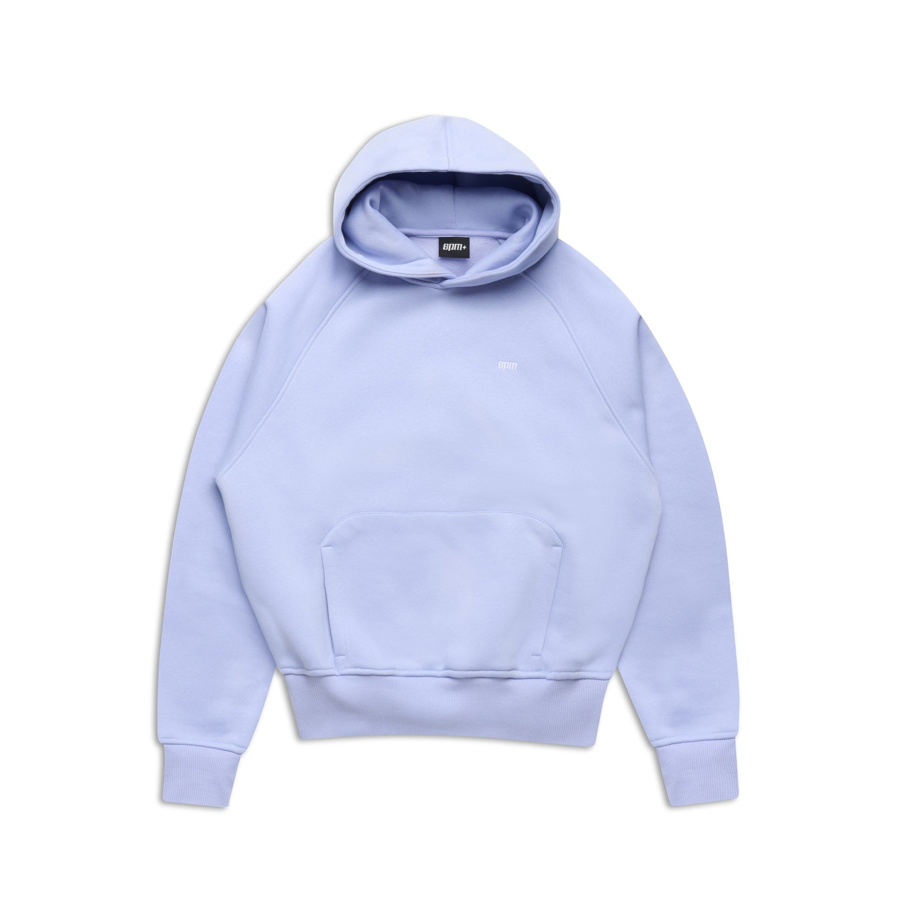 The HOODIE SOFT VIOLET is a light purple, raglan-sleeved hoodie with a kangaroo pocket and long sleeves, shown laid flat on a white background—ideal for everyday wear.