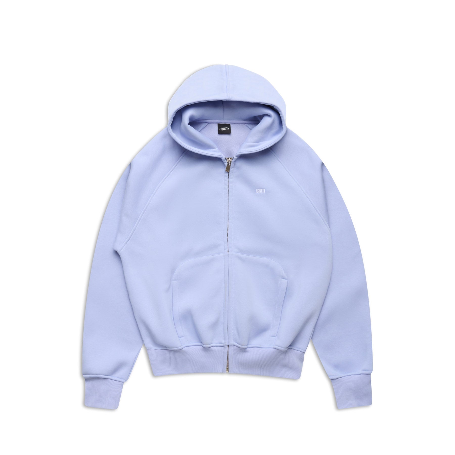 The 6PM ZIP HOODIE SOFT VIOLET is a light purple zip-up hoodie featuring a clean finish, hood, long sleeves, front pockets, and a small white logo on the left chest, shown on a plain white background.