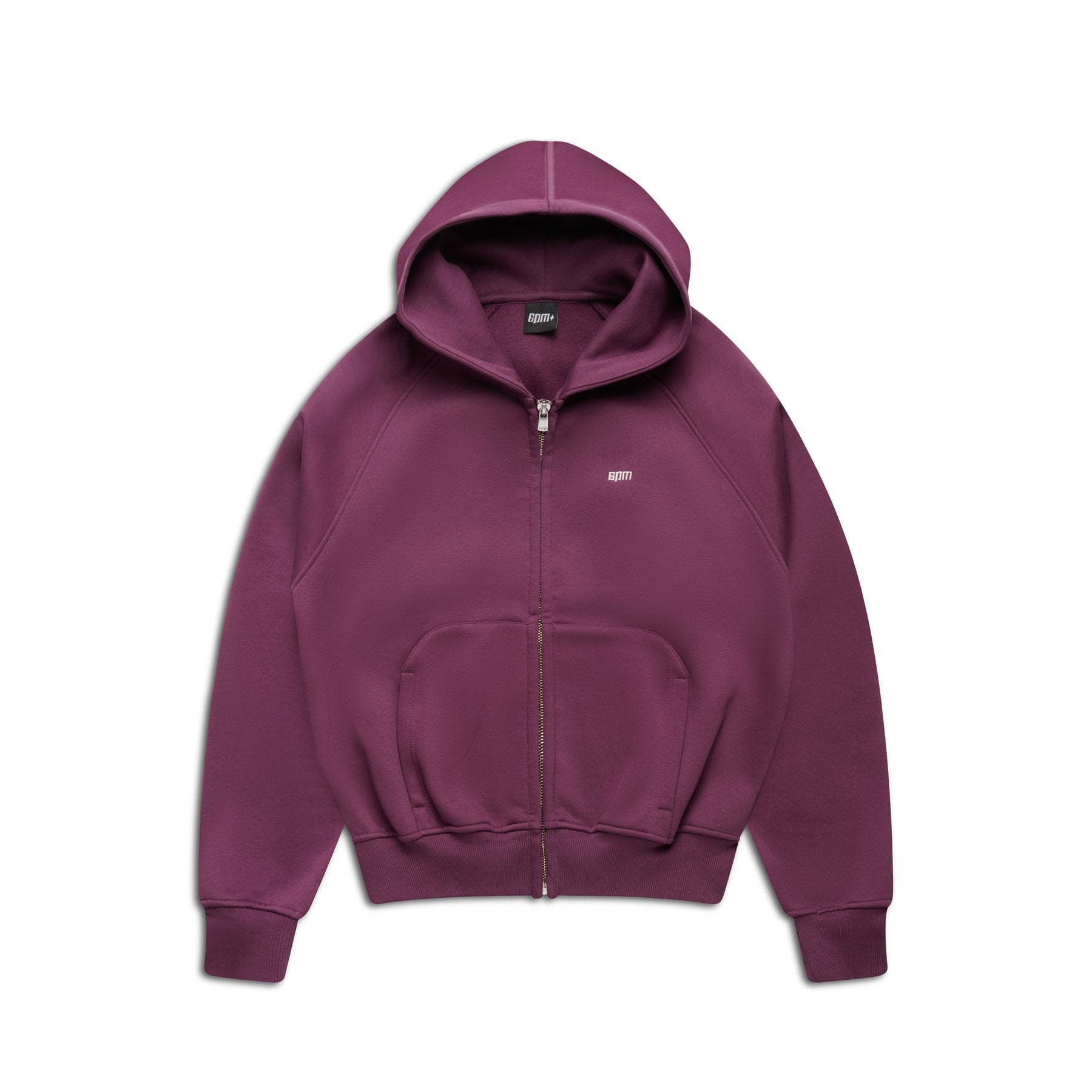 The 6PM ZIP HOODIE PLUM is a purple zip-up hoodie with a front pocket, hood, ribbed cuffs and hem, and a small white logo on the left chest. Designed for everyday wear, it’s shown on a white background with a clean finish.