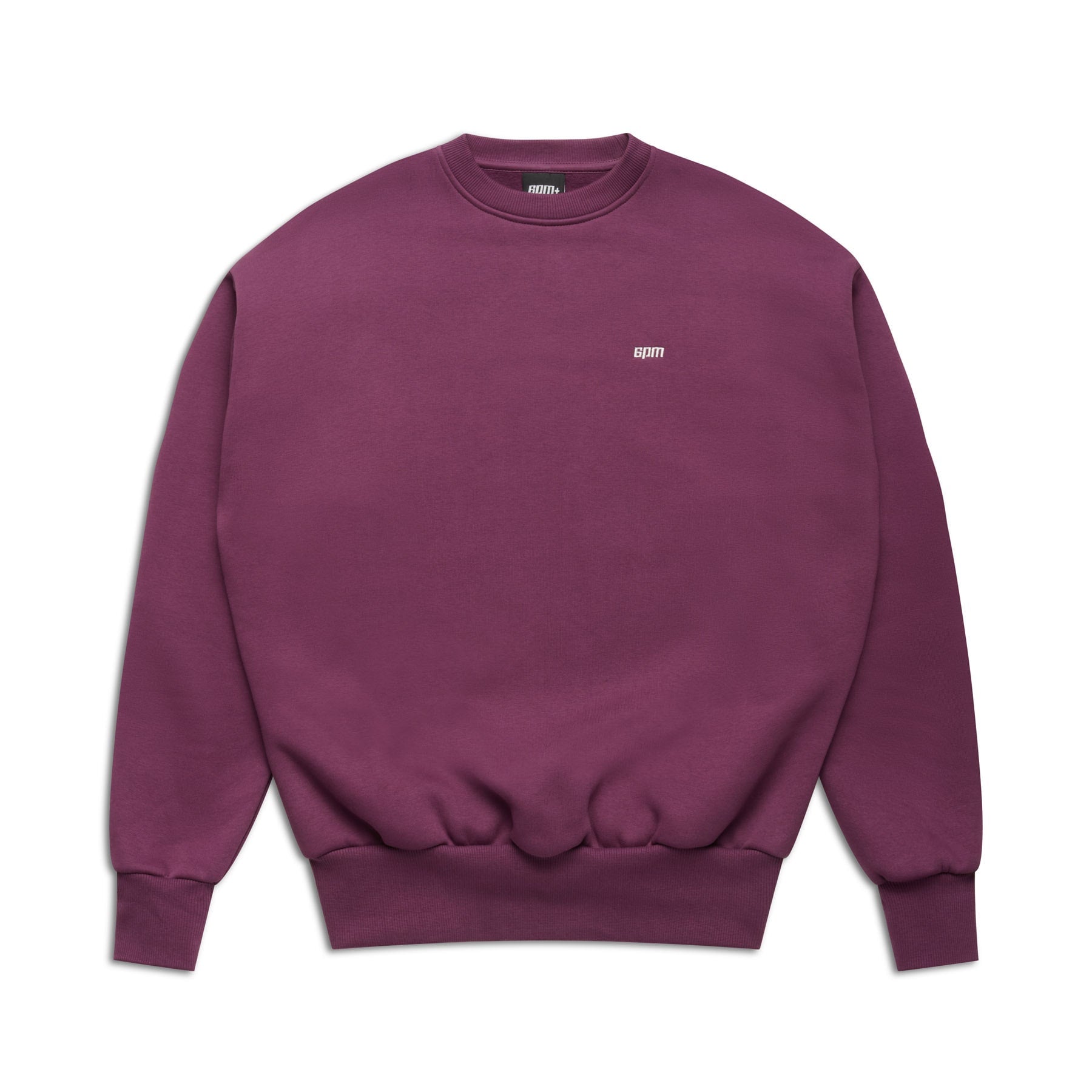 The 6PM CREWNECK PLUM sweatshirt features a plain purple design, ribbed trims, and a small white logo on the left chest, shown against a white background.