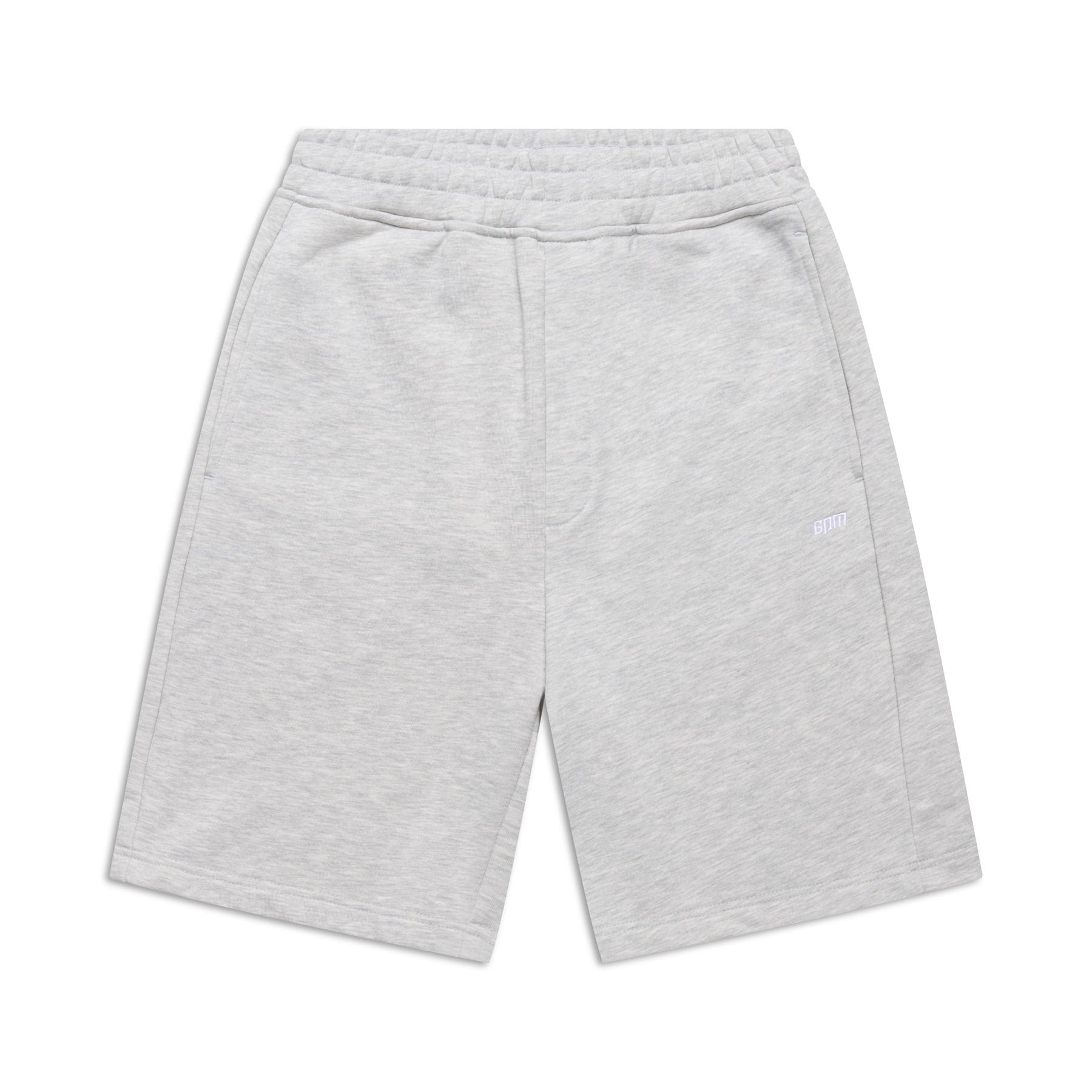 6PM 6PM+ SHORTS GREY MELANGE, featuring a soft brushed interior, elastic waistband, and two side pockets, shown laid flat on a white background with the logo subtly printed on the left side.