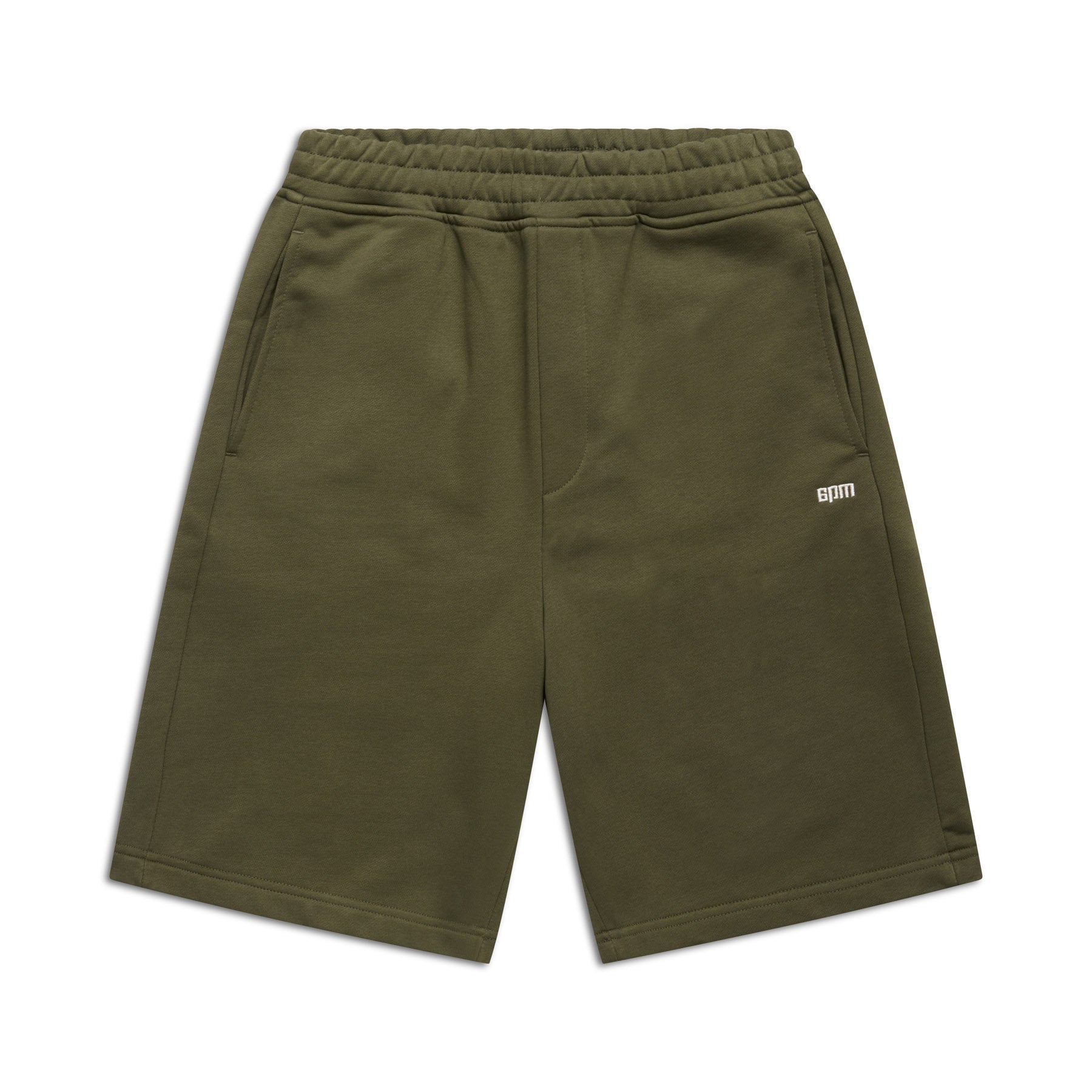 The 6PM+ SHORTS FOREST NIGHT by 6PM are olive green, knee-length shorts with a drawstring and elastic waistband, side pockets, a white BPM logo on the left thigh, and a soft fabric for a relaxed, comfortable casual fit.