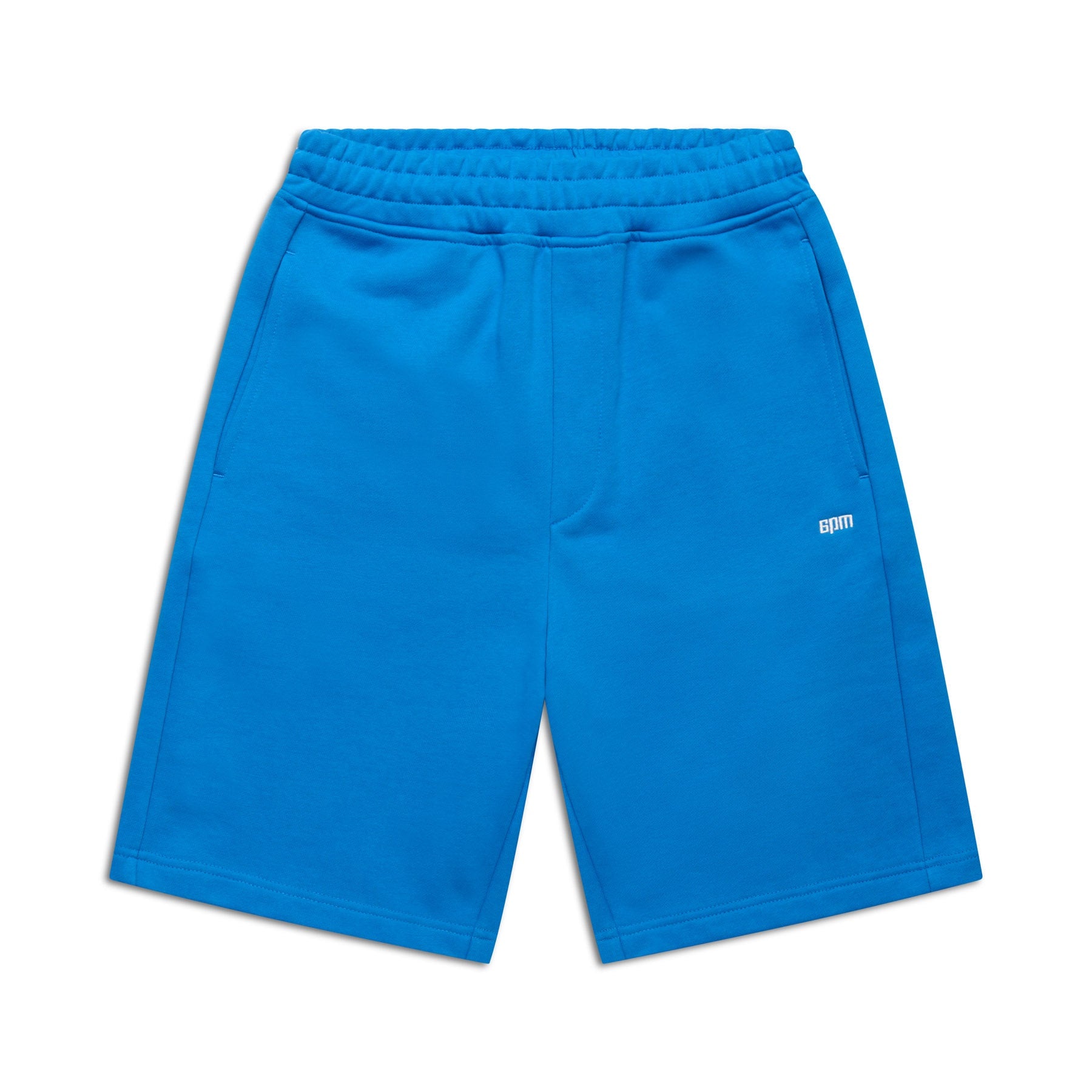 The 6PM+ SHORTS PRINCESS BLUE by 6PM are bright blue athletic shorts with a relaxed fit, elastic waistband, side pockets, and a small white logo on the left leg—ideal for lounging.