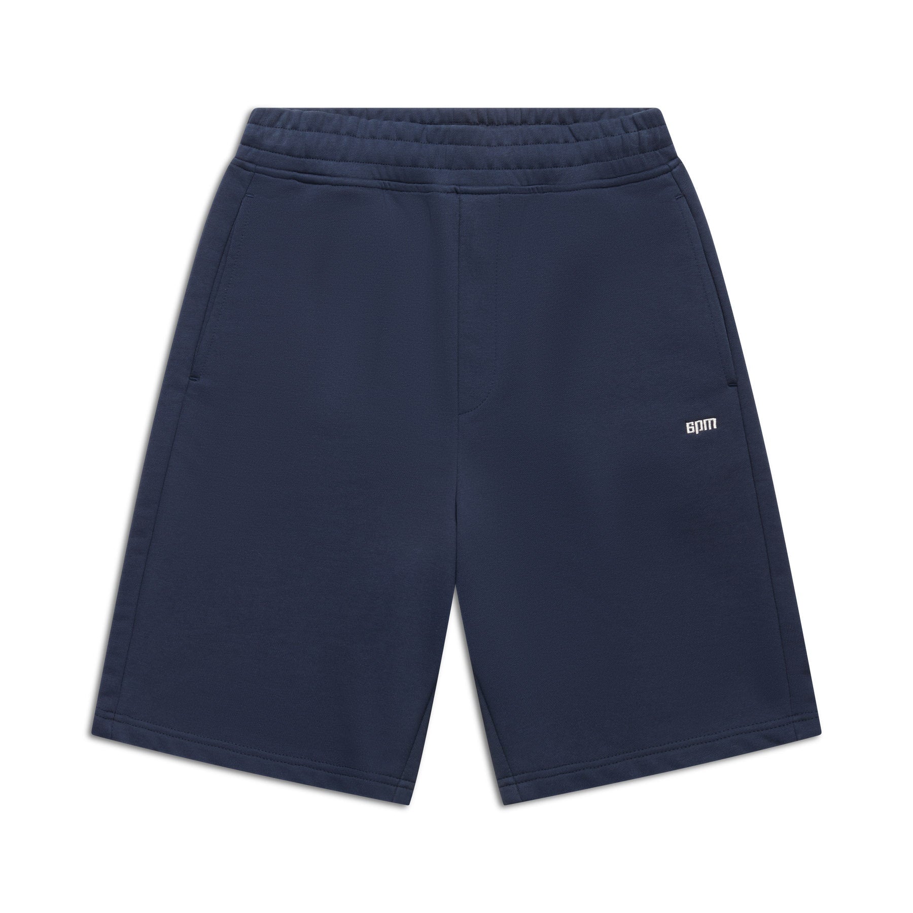 6PM+ SHORTS NAVY by 6PM: navy blue athletic shorts with a relaxed fit, elastic waistband, drawstring waist, side pockets, and a small white 6PM logo on the left leg, shown flat on a white background.