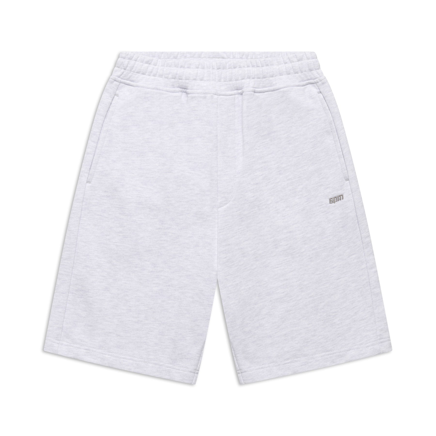 6PM+ SHORTS LIGHT GREY by 6PM: Light gray, knee-length sweat shorts with a relaxed fit, elastic waistband, side pockets, and an embroidered SOMI logo on the left leg. Ideal for lounging; shown laid flat on a white background.