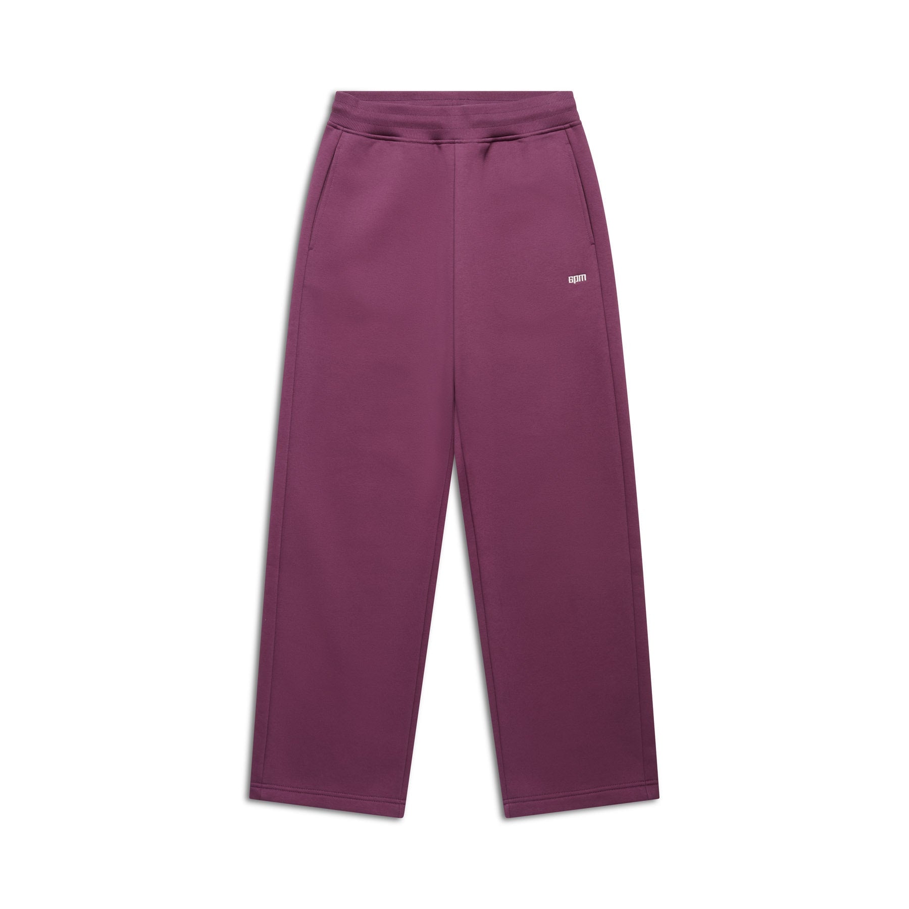 The 6PM OPEN LEG JOGGER PLUM is a pair of high-waisted, modern classic purple sweatpants with open legs, side pockets, and a small white logo on the left thigh, shown flat on a white background.