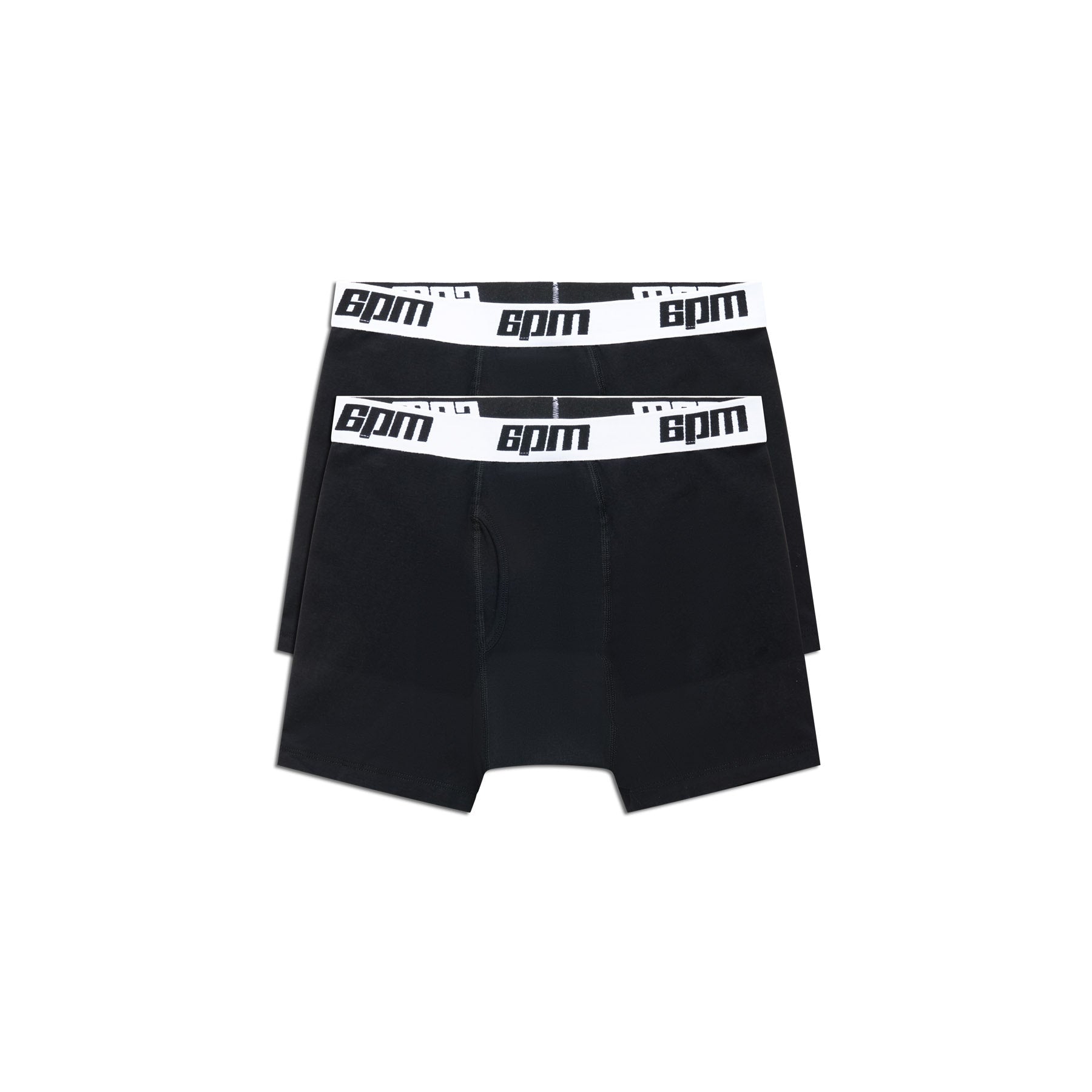 The 6PM BOXER SHORTS BLACK/WHITE (2-PACK) features two black cotton boxer briefs with white elastic waistbands, each displaying bpm in bold black letters. Shown laid flat on a white background.