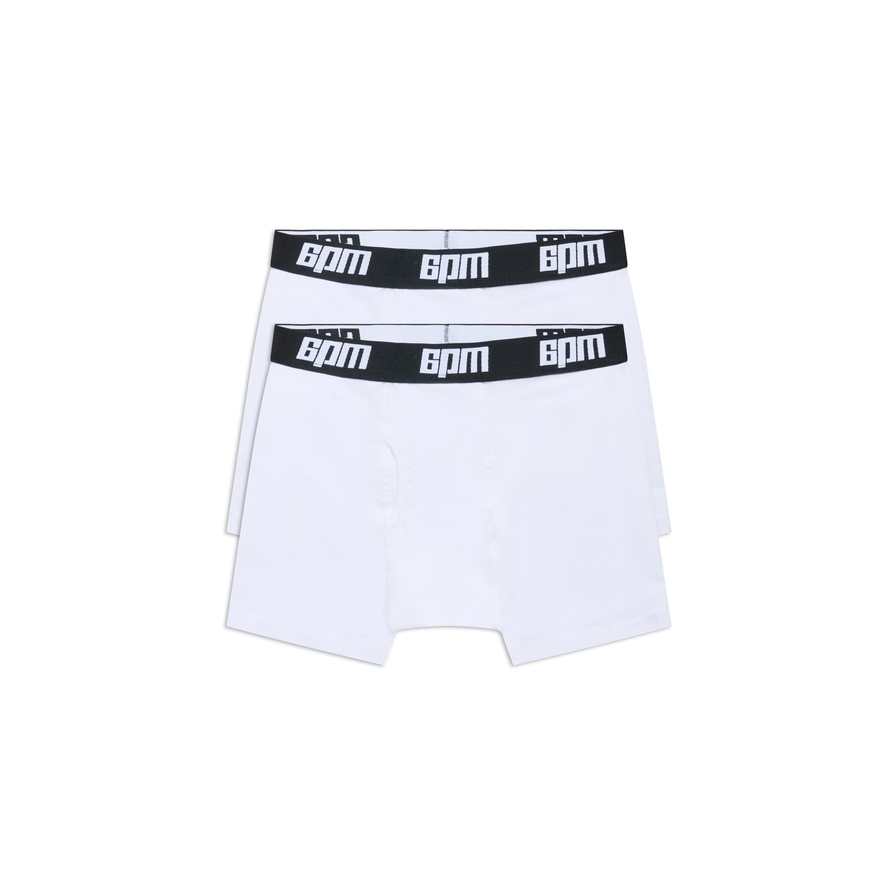 The 6PM BOXER SHORTS WHITE/BLACK (2-PACK) includes two pairs of soft white cotton boxer briefs with black waistbands featuring the white BPM logo, shown on a plain white background.