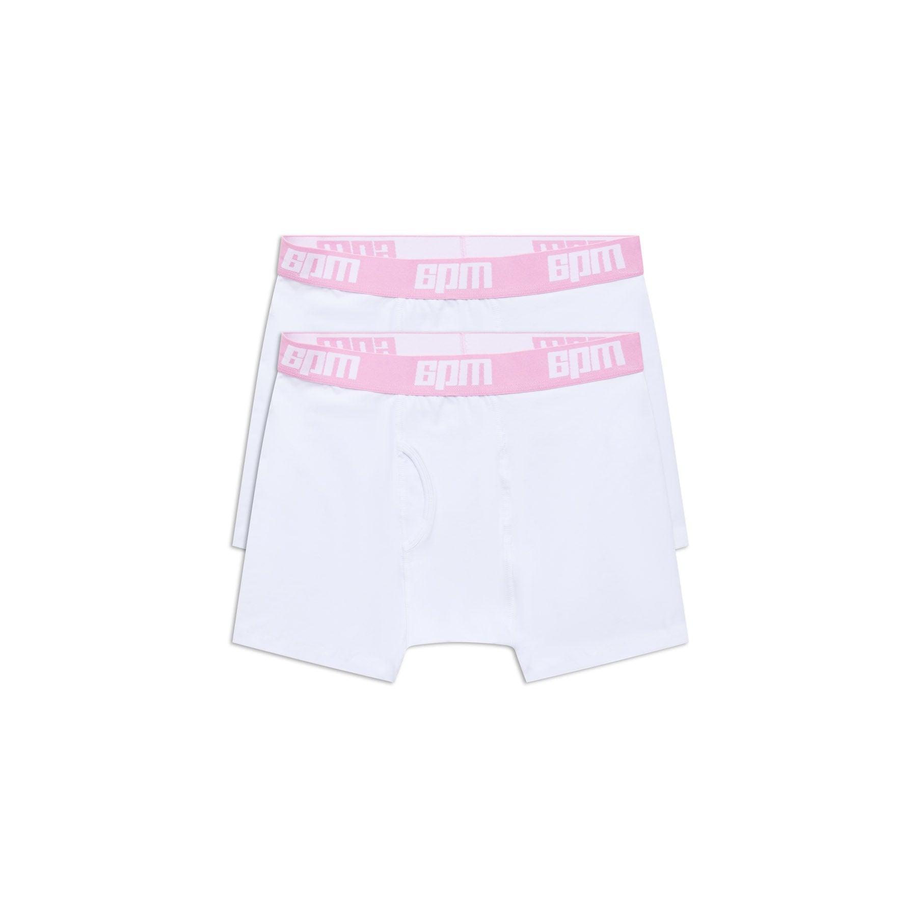 The BOXER SHORTS WHITE/PINK (2-PACK) features two pairs of white boxer briefs with pink waistbands and white BPM text, crafted from soft cotton fabric for a comfortable, cozy fit.