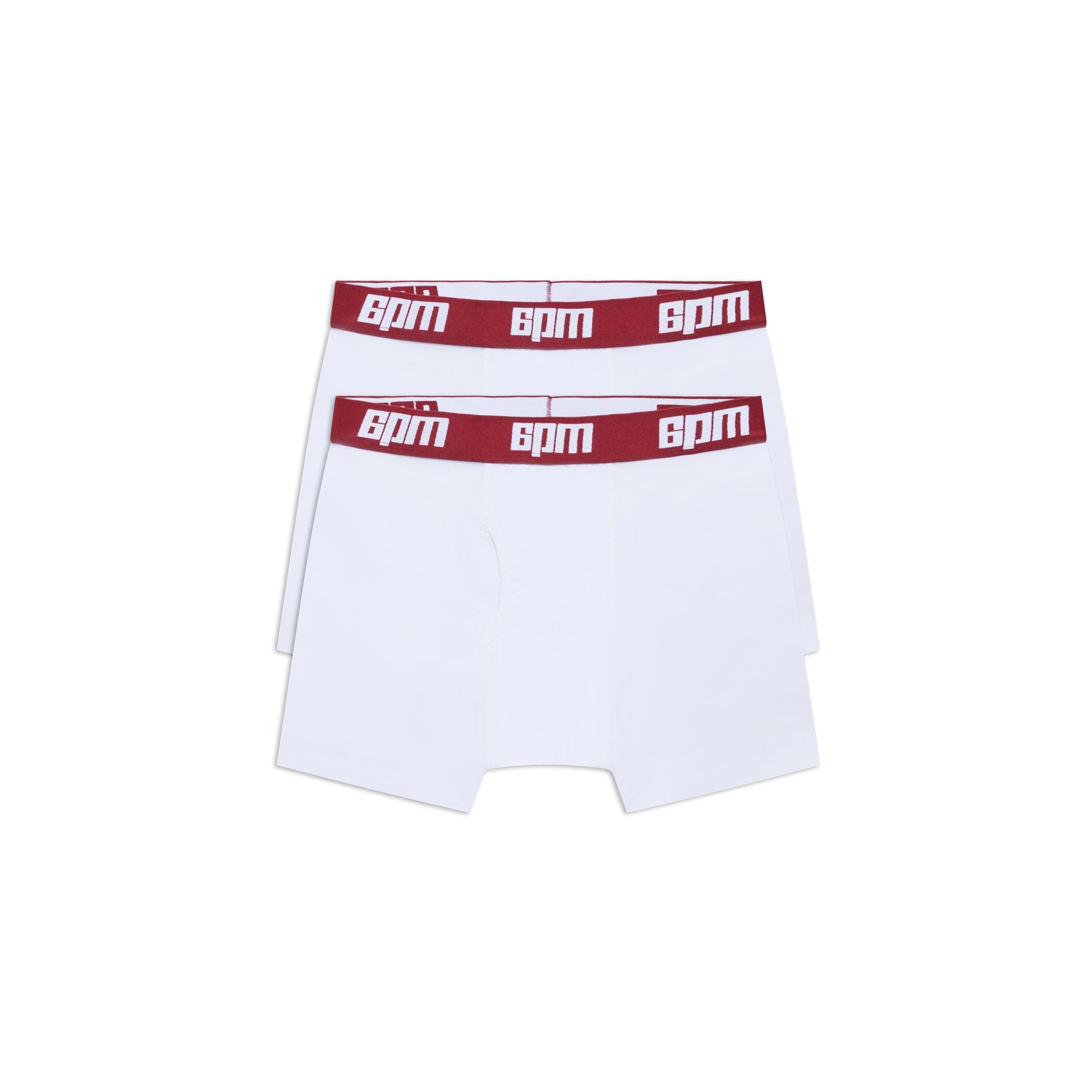 The 6PM BOXER SHORTS WHITE/WINE RED (2-PACK) feature white cotton fabric and wine red waistbands with repeating white BPM logos, offering comfort and a snug fit. Shown against a plain white background.