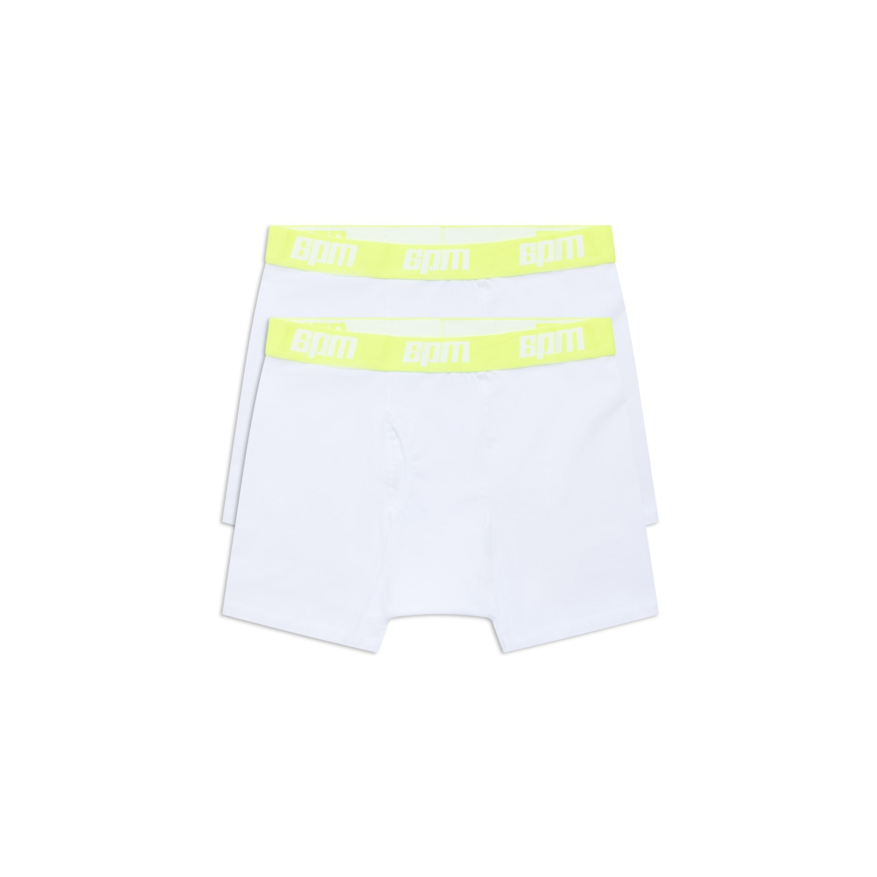 The 6PM BOXER SHORTS WHITE/LEMON (2-PACK) features two pairs of white boxers with lemon waistbands and BPM logo, made from soft cotton for comfort and a snug fit, displayed on a plain white background.