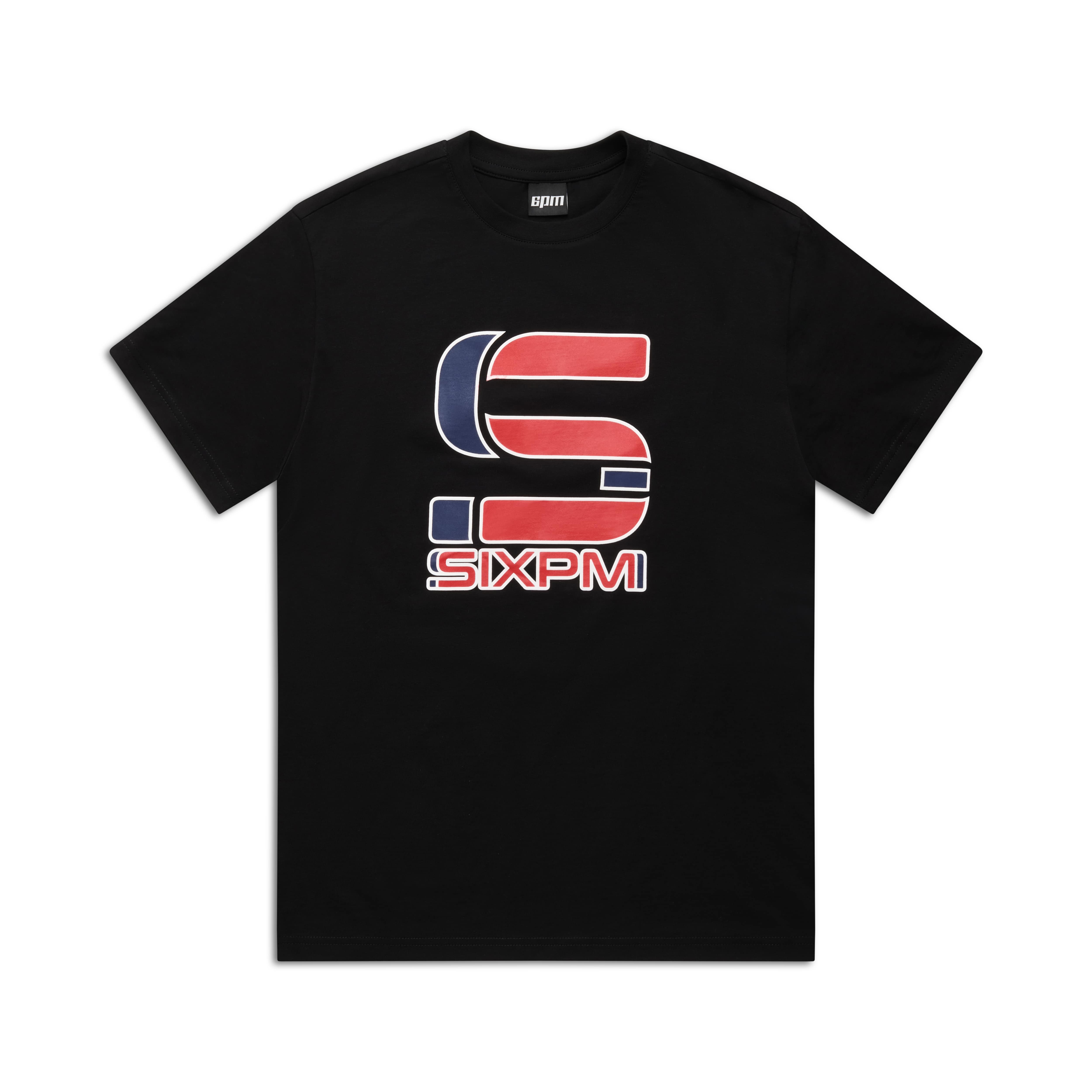 The GRAN TURISMO TEE BLACK by 6PM is a black t-shirt with a bold, stylized red, white, and blue S on the chest, and SIXPM printed below.