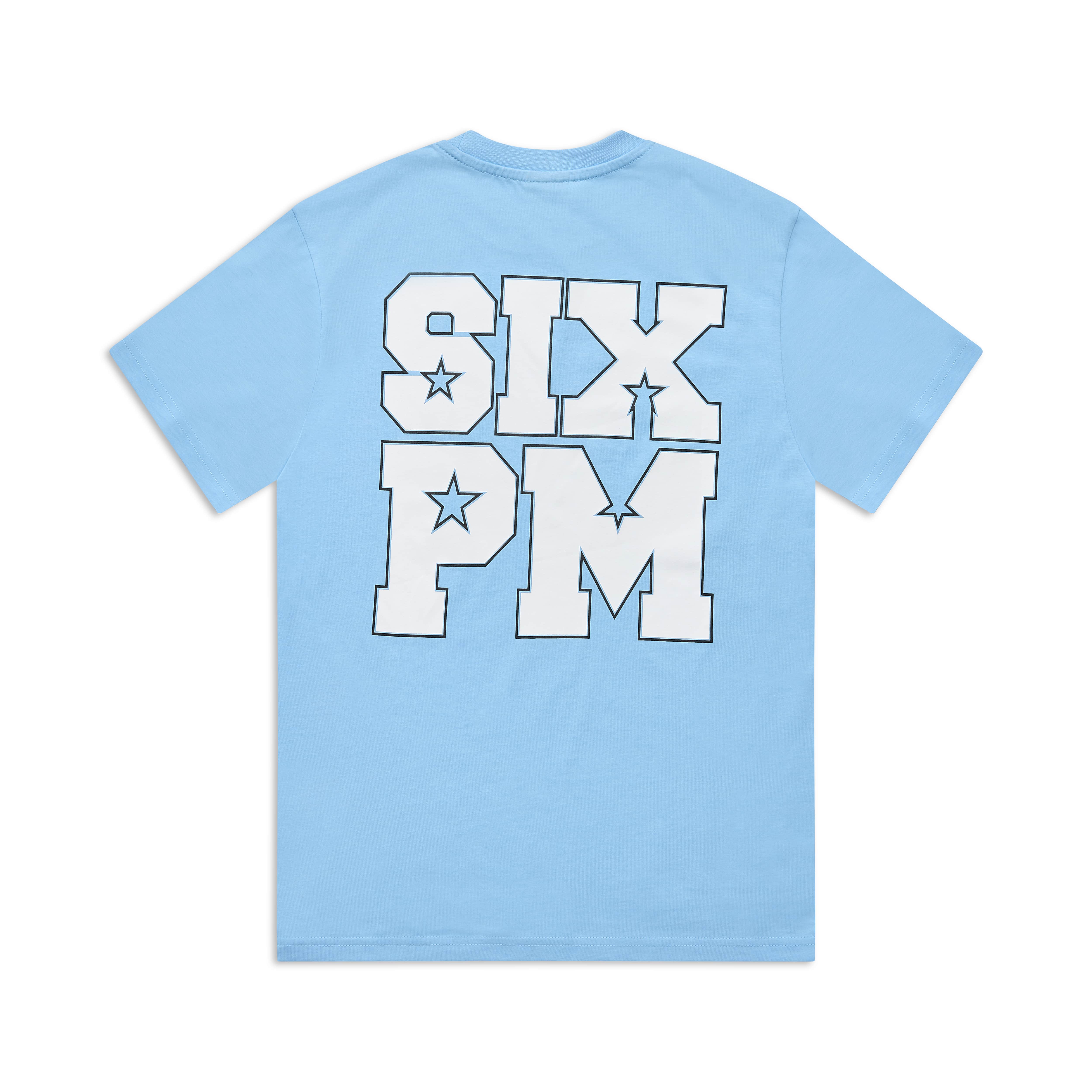 The COLLEGE STAR TEE BLUE by 6PM is a light blue T-shirt with bold white SIX PM lettering outlined in black on the back, and a star inside the letter P.