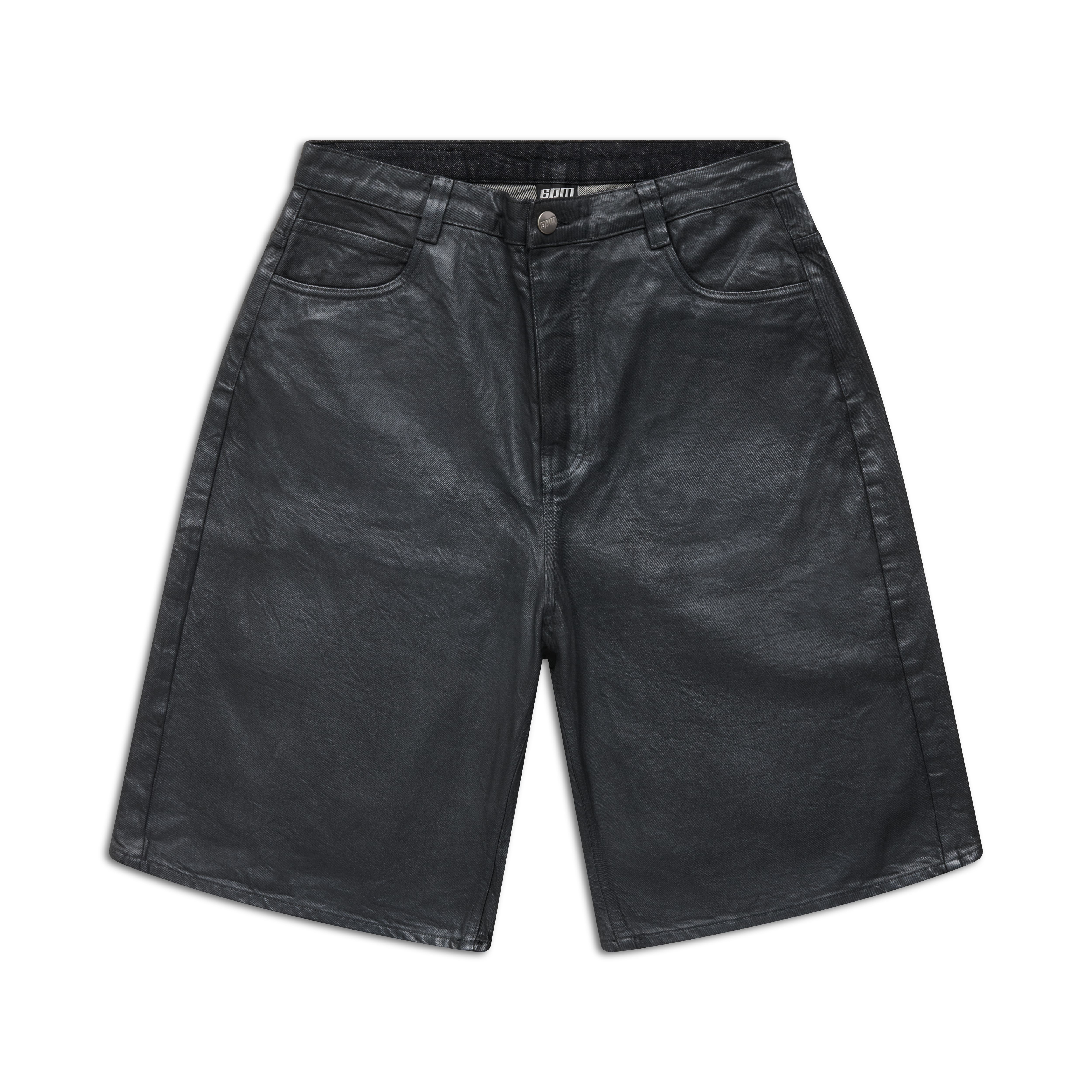 COATED DENIM SHORTS DARK CHROME: Knee-length black shorts with a button and zip closure, front and back pockets, and a slight sheen, displayed flat on a white background.