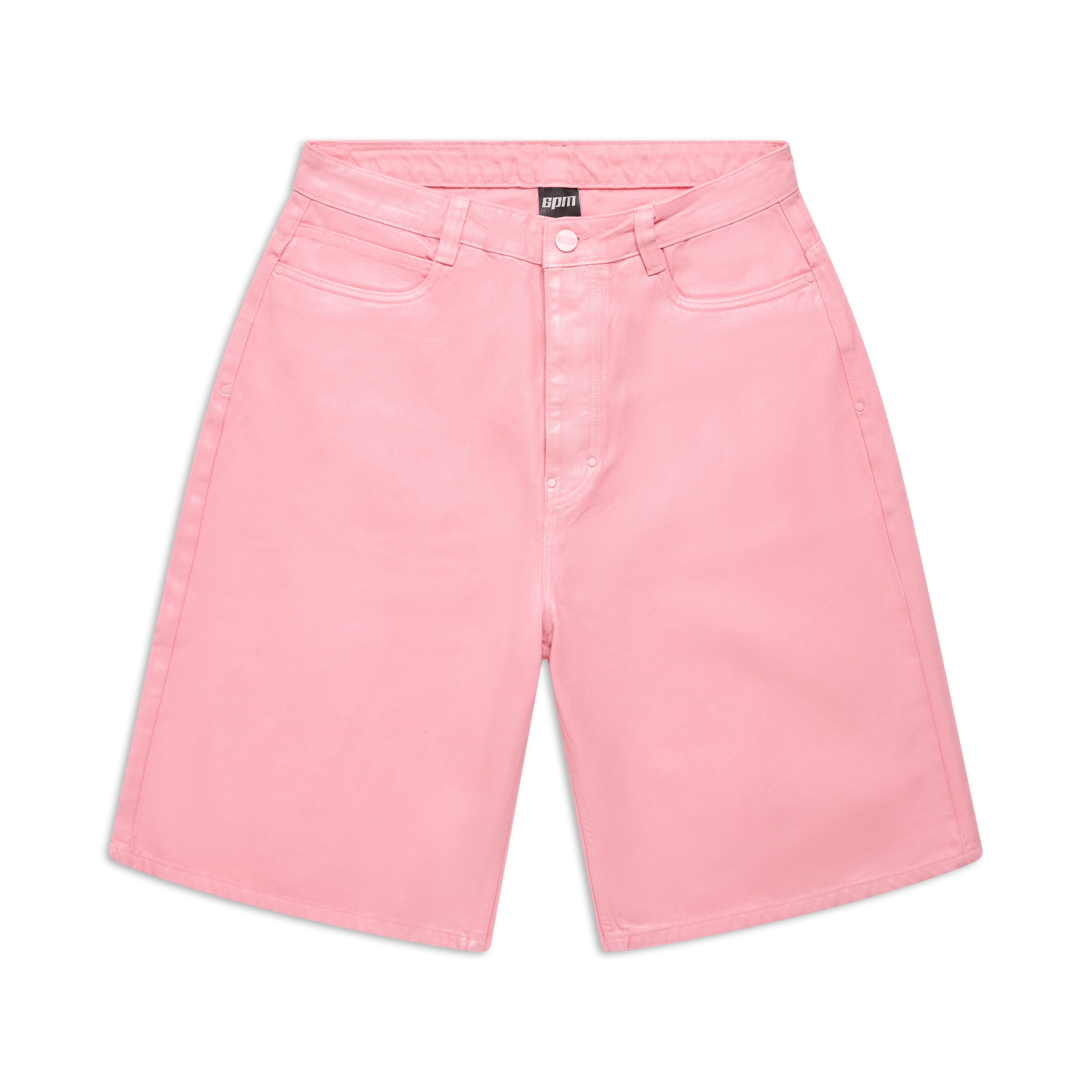 COATED DENIM SHORTS PINK by 6PM featuring a high waist, front button and zip closure, and side pockets, shown flat on a white background.