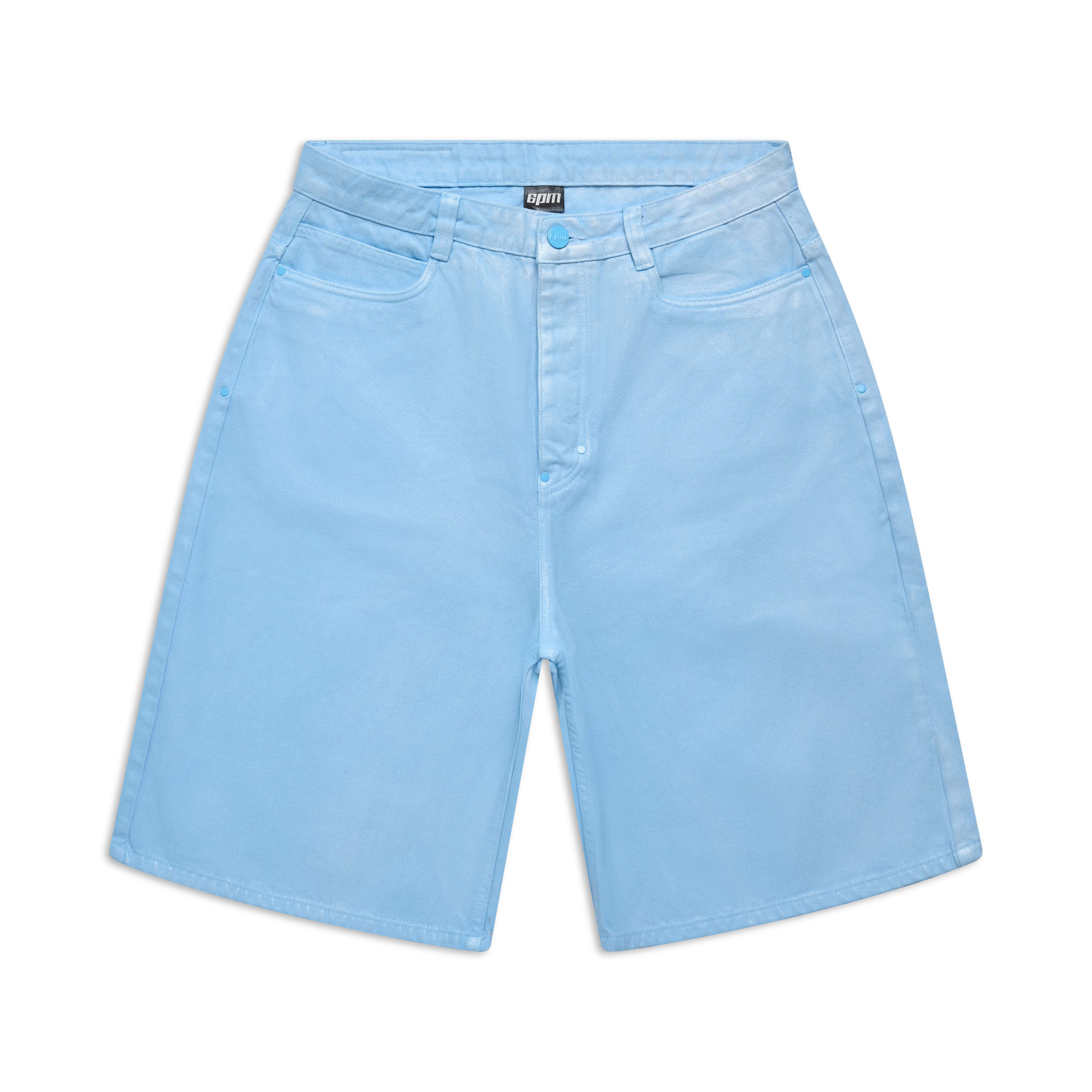 COATED DENIM SHORTS BABY BLUE in light blue, knee-length with front and back pockets, belt loops, and button closure, shown flat on a white background.
