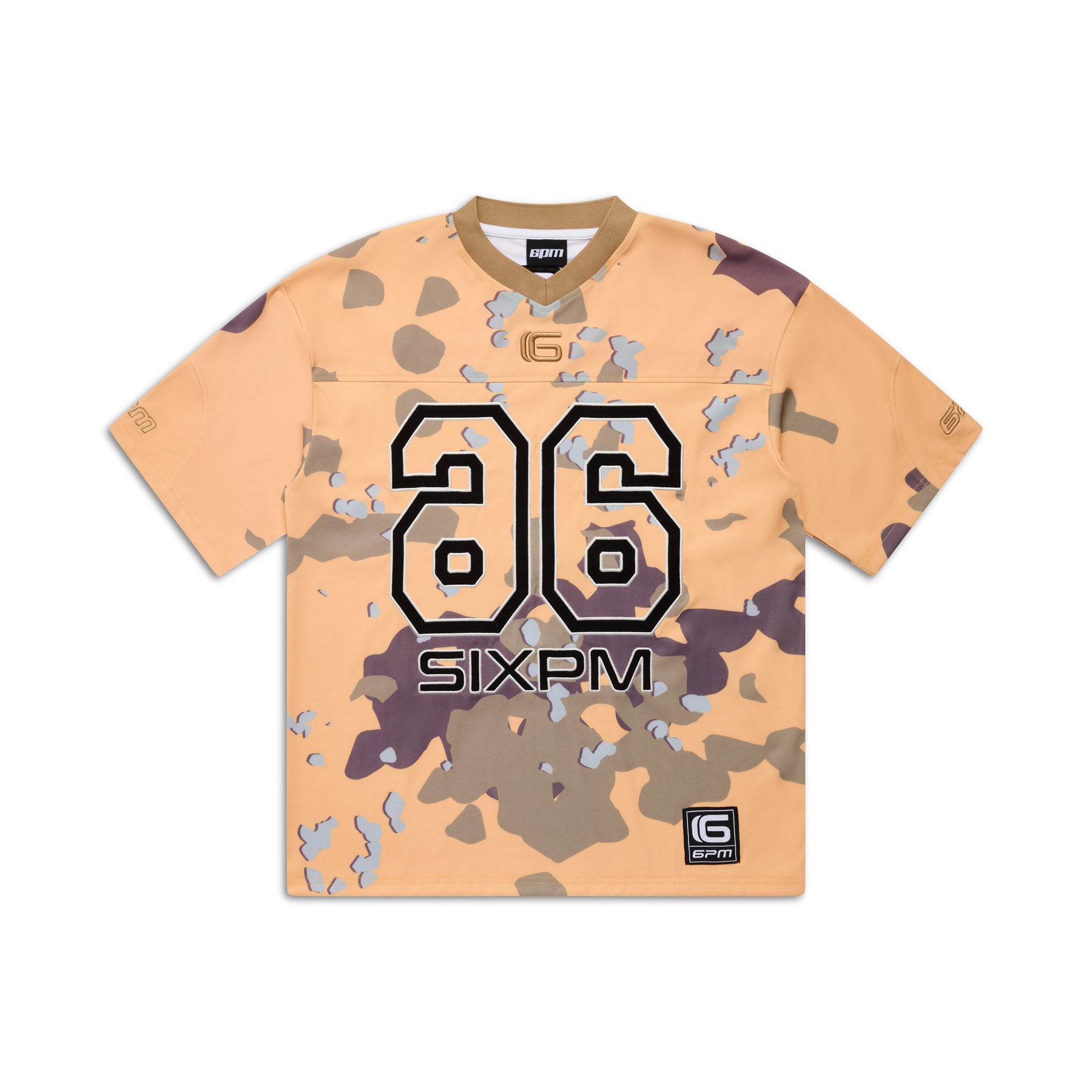 The CAMO JERSEY BURRO by 6PM is a short-sleeve jersey in orange and brown camo, featuring a large black-outlined number 96 and SIXPM on the front, with logos on the chest and bottom left.
