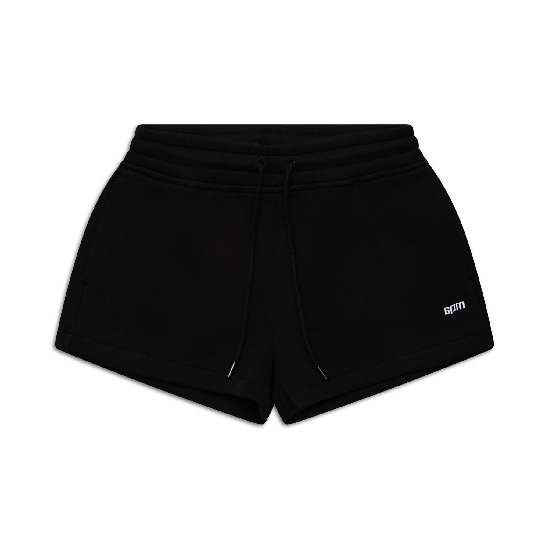 The 6PM WMNS SHORTS BLACK feature an elastic waistband, drawstring, and a small white GTIII logo on the left leg, shown on a white background.