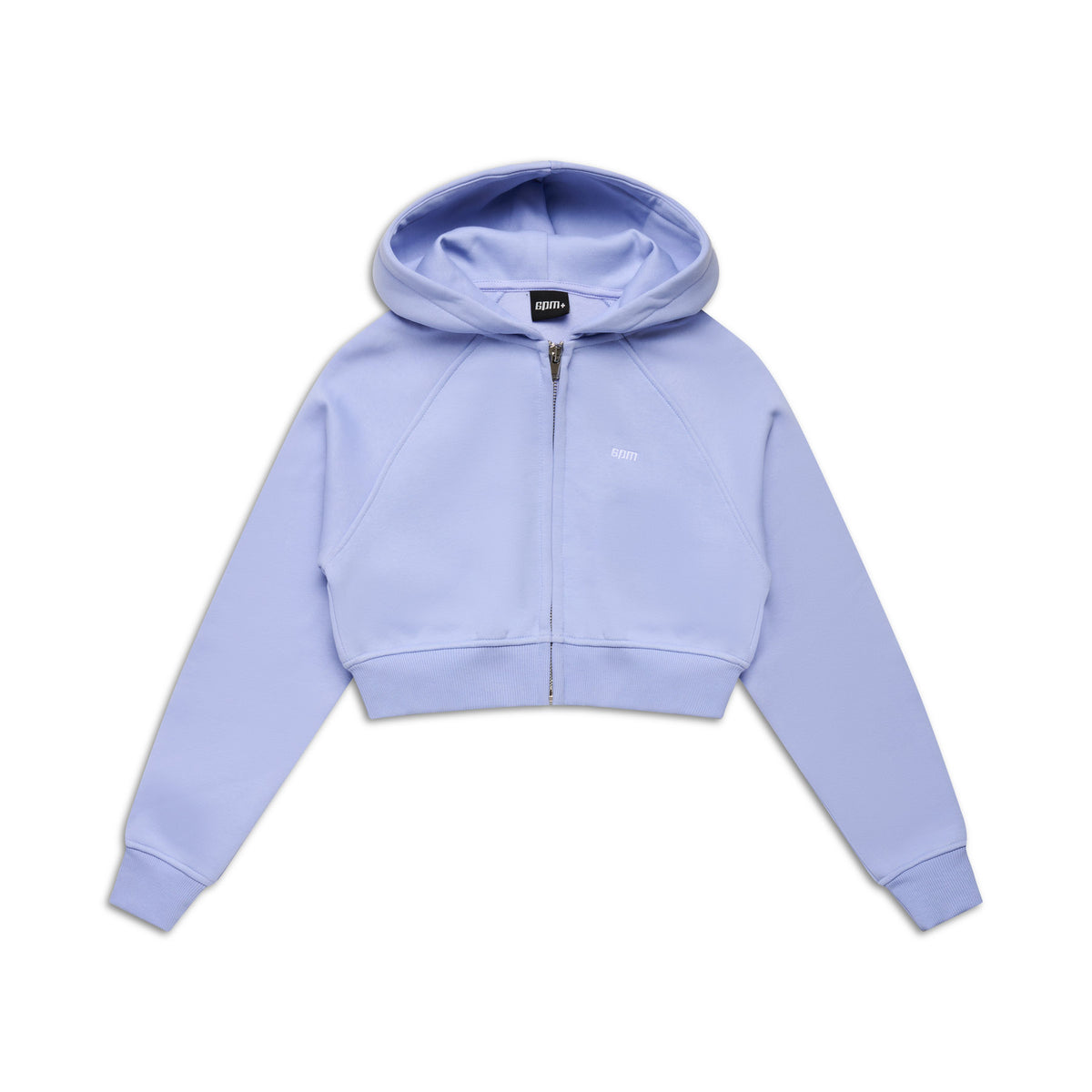 The 6PM WMNS CROPPED ZIP HOODIE SOFT VIOLET features a light purple shade, cropped fit, zip front, hood, and long sleeves, shown laid flat on a white background.