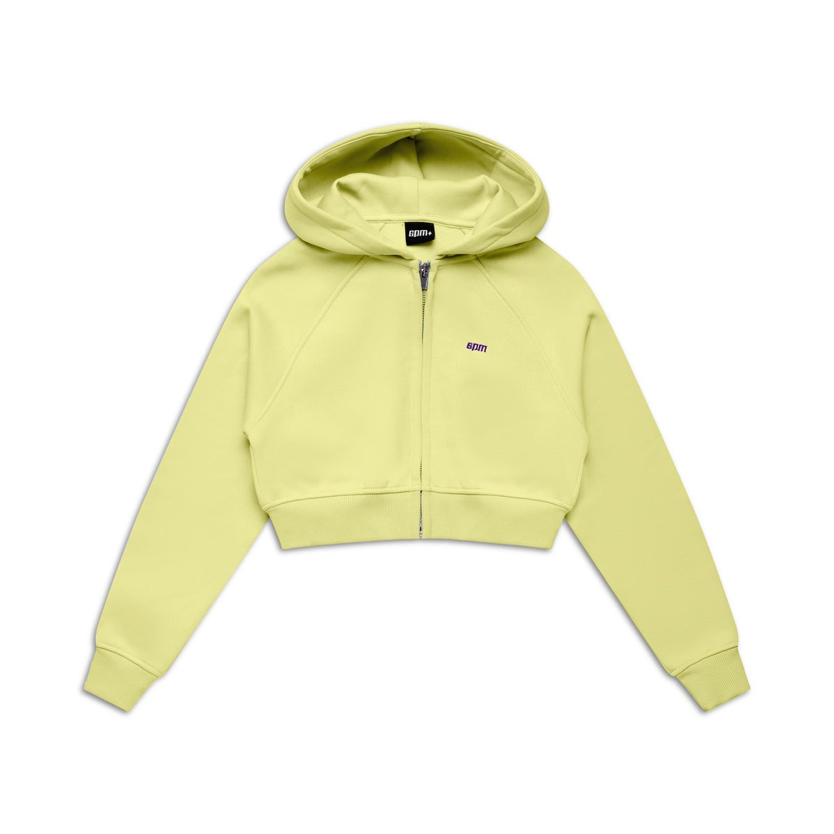 The 6PM WMNS Cropped Zip Hoodie in Buttercream features long sleeves, a front zipper, and a small embroidered logo on the left chest, shown against a white background.