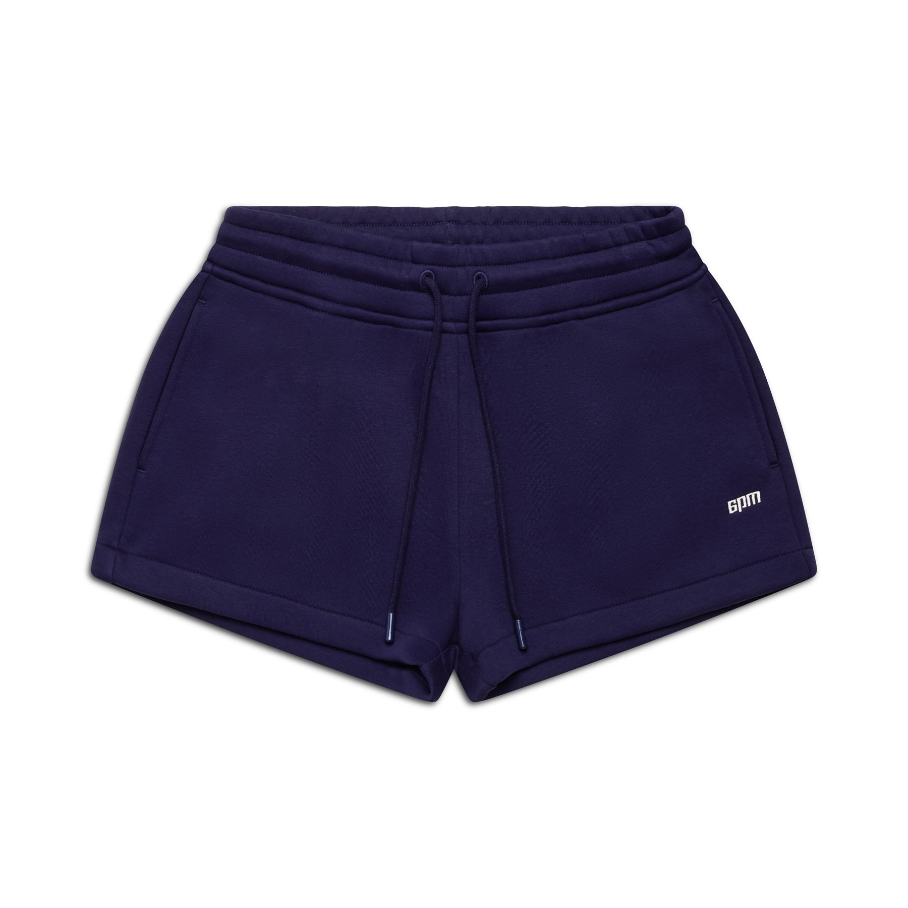 WMNS SHORTS ORBIT BLUE by 6PM, featuring a drawstring waist, two side pockets, and a small white Gym logo on the lower left leg, shown against a plain white background.