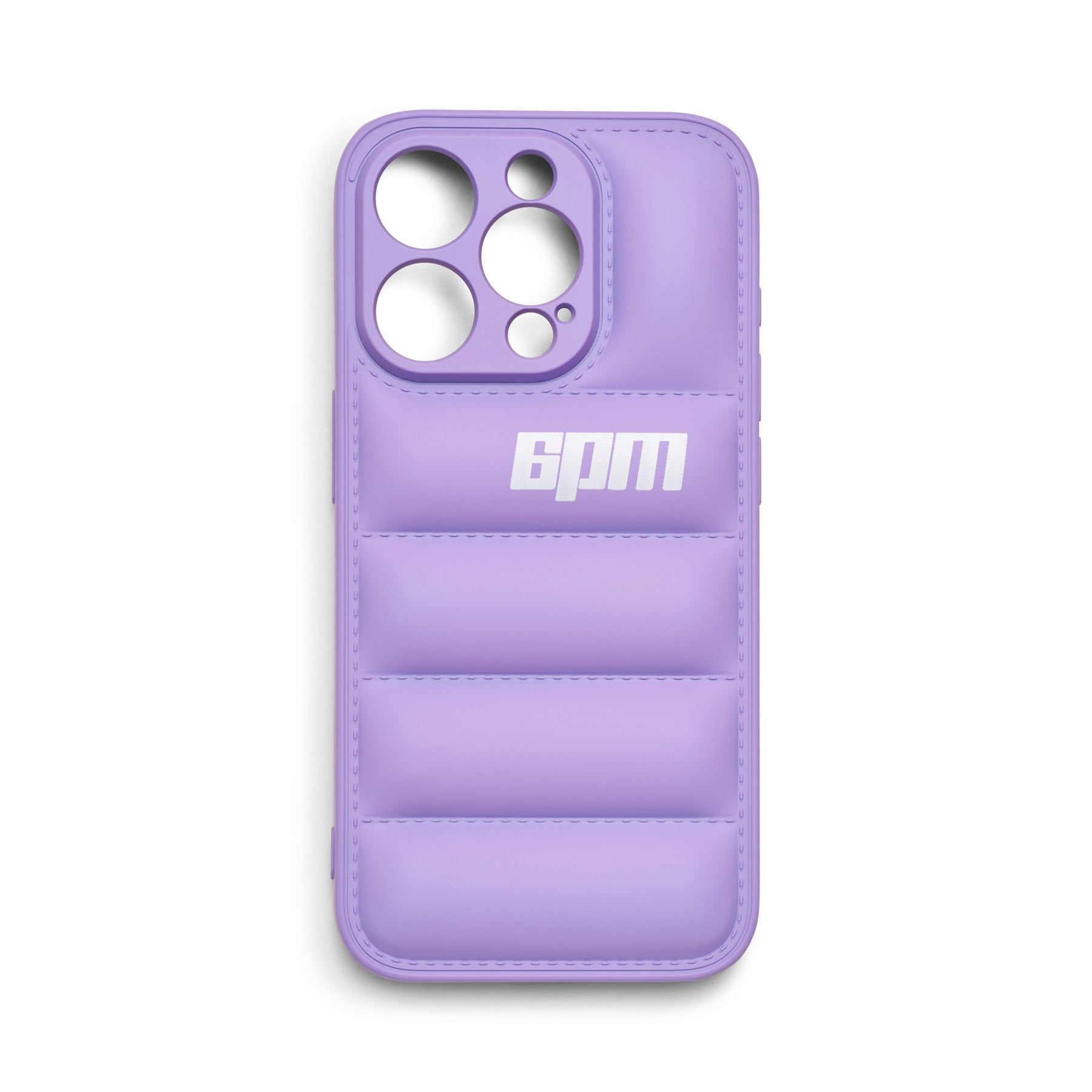 The IPHONE CASE LAVENDER by 6PM is a purple padded case with horizontal grooves and bold white 6PM letters on the back, featuring a 3D rubber design and large cutouts for the camera and phone components.