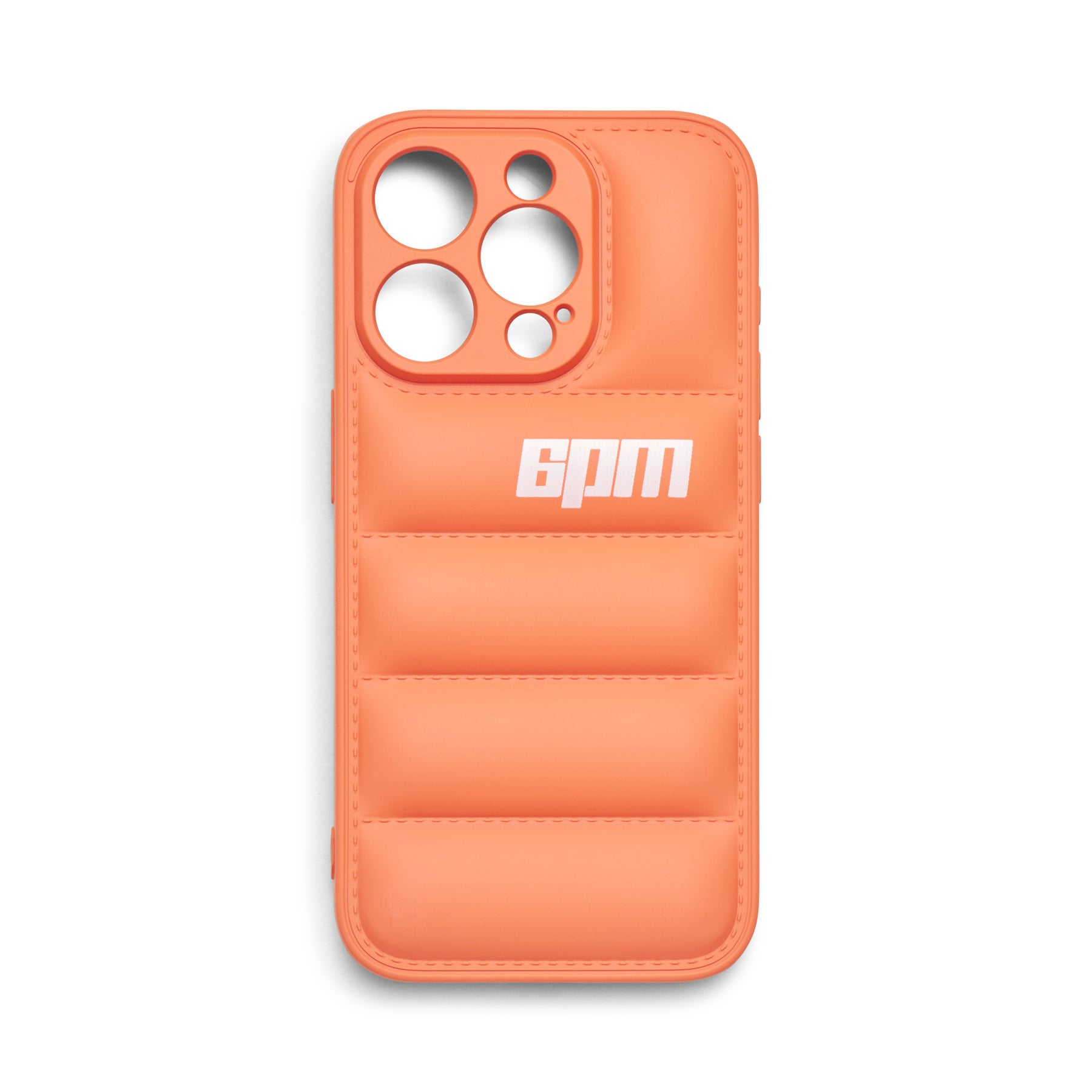 The IPHONE CASE CORAL by 6PM is a cool, padded orange case with 3D rubber horizontal stitching, large camera cutouts, and bold white 6pm text on the back. Its soft, cushioned design adds both style and protection.