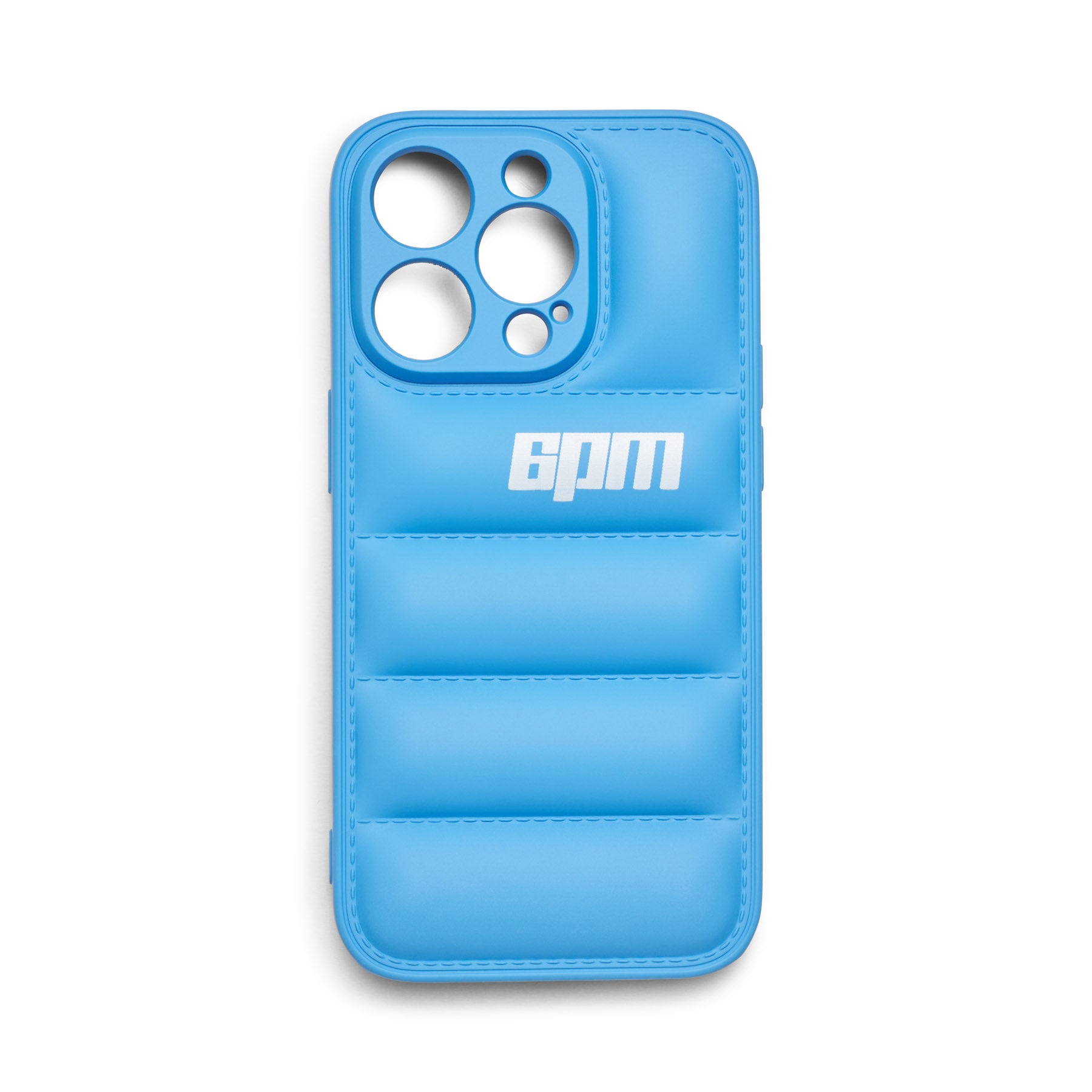 The IPHONE CASE BLUE by 6PM is a light blue 3D rubber padded iPhone case with large camera cutouts and the 6PM logo in white printed near the top center.