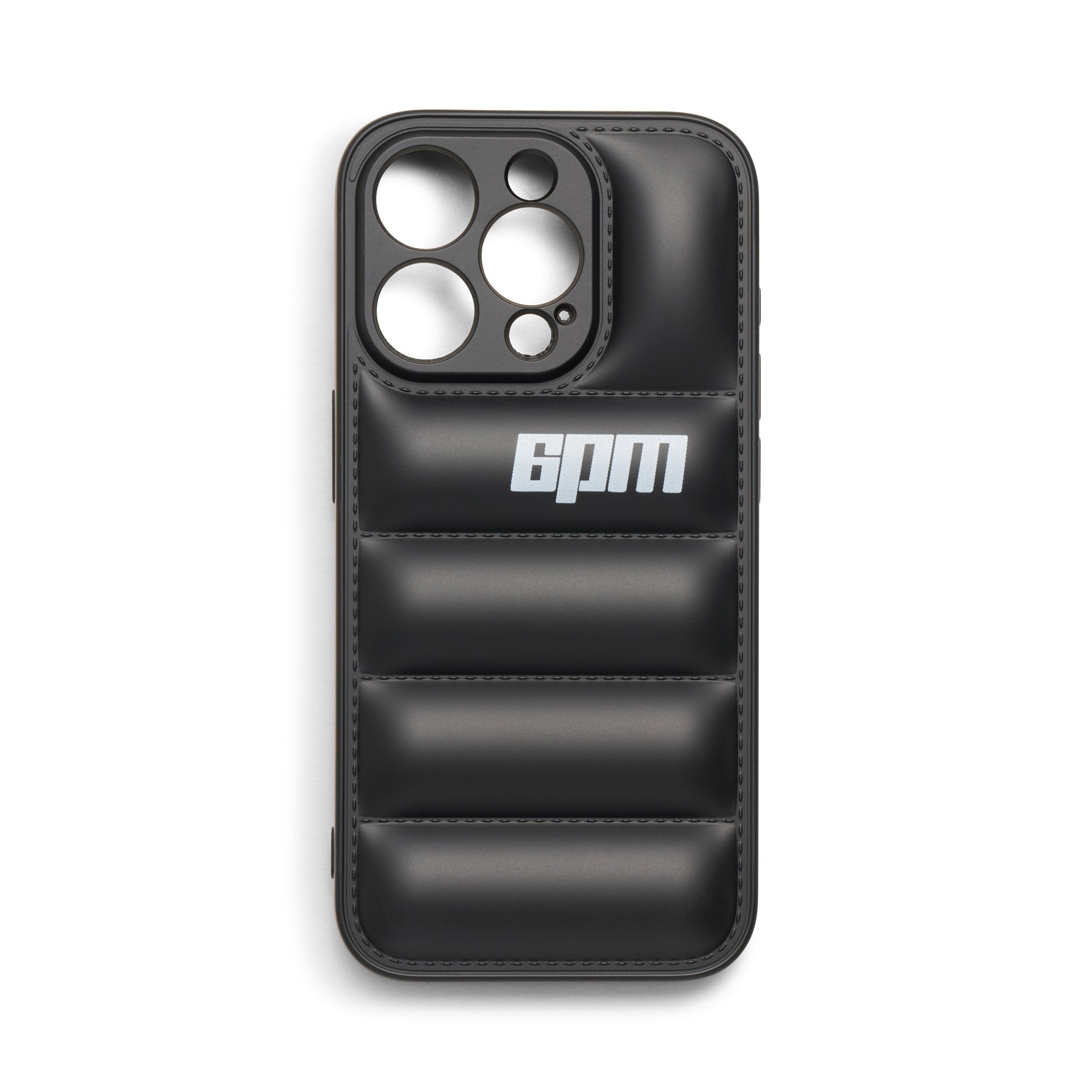 The IPHONE CASE BLACK by 6PM features 3D rubber padding with horizontal sections, large camera cutouts, and a bold white 6pm logo near the top center.
