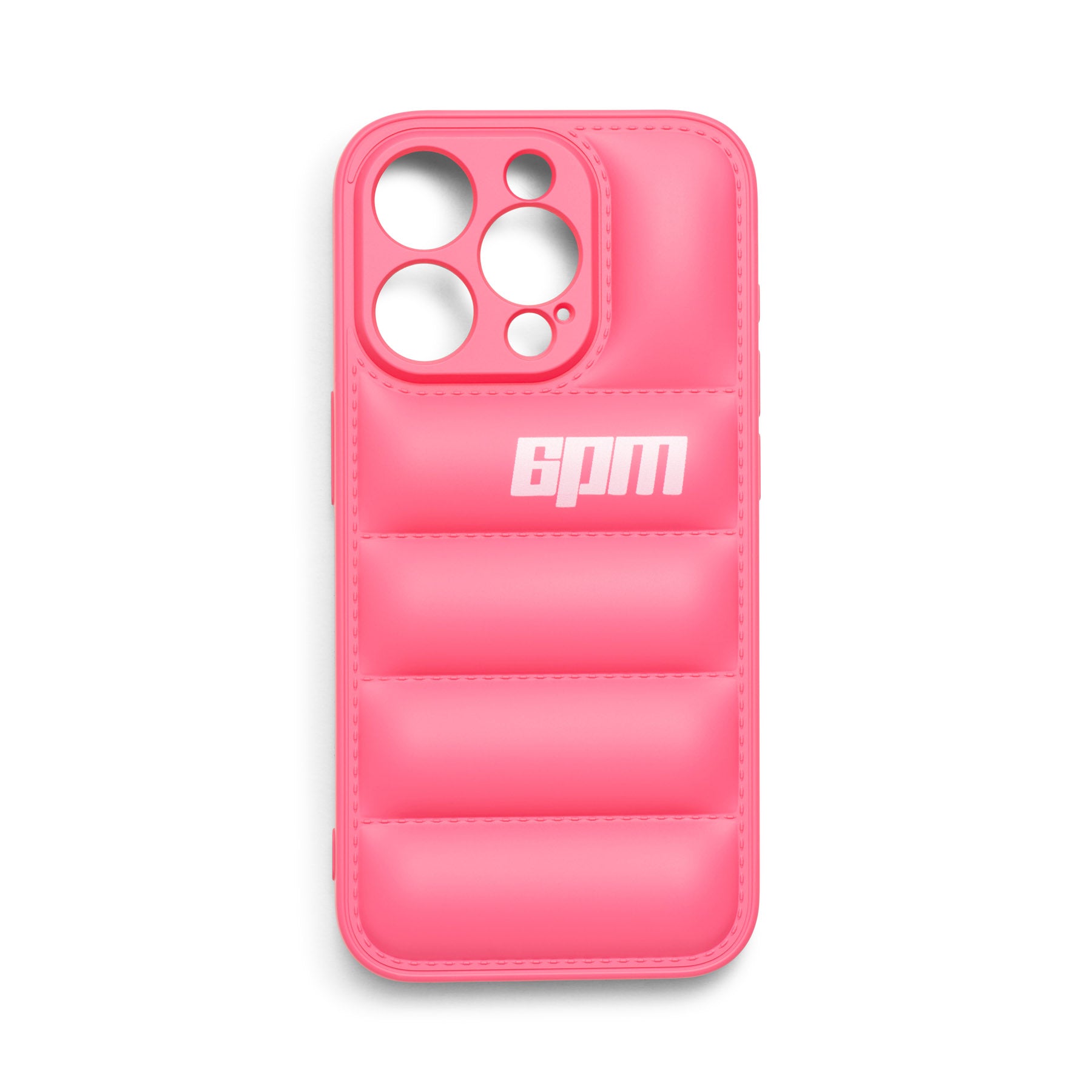 The IPHONE CASE HOT PINK by 6PM is a bright pink, 3D rubber-padded case with horizontal ridges, large camera cutouts, and 6pm printed in white on the back.