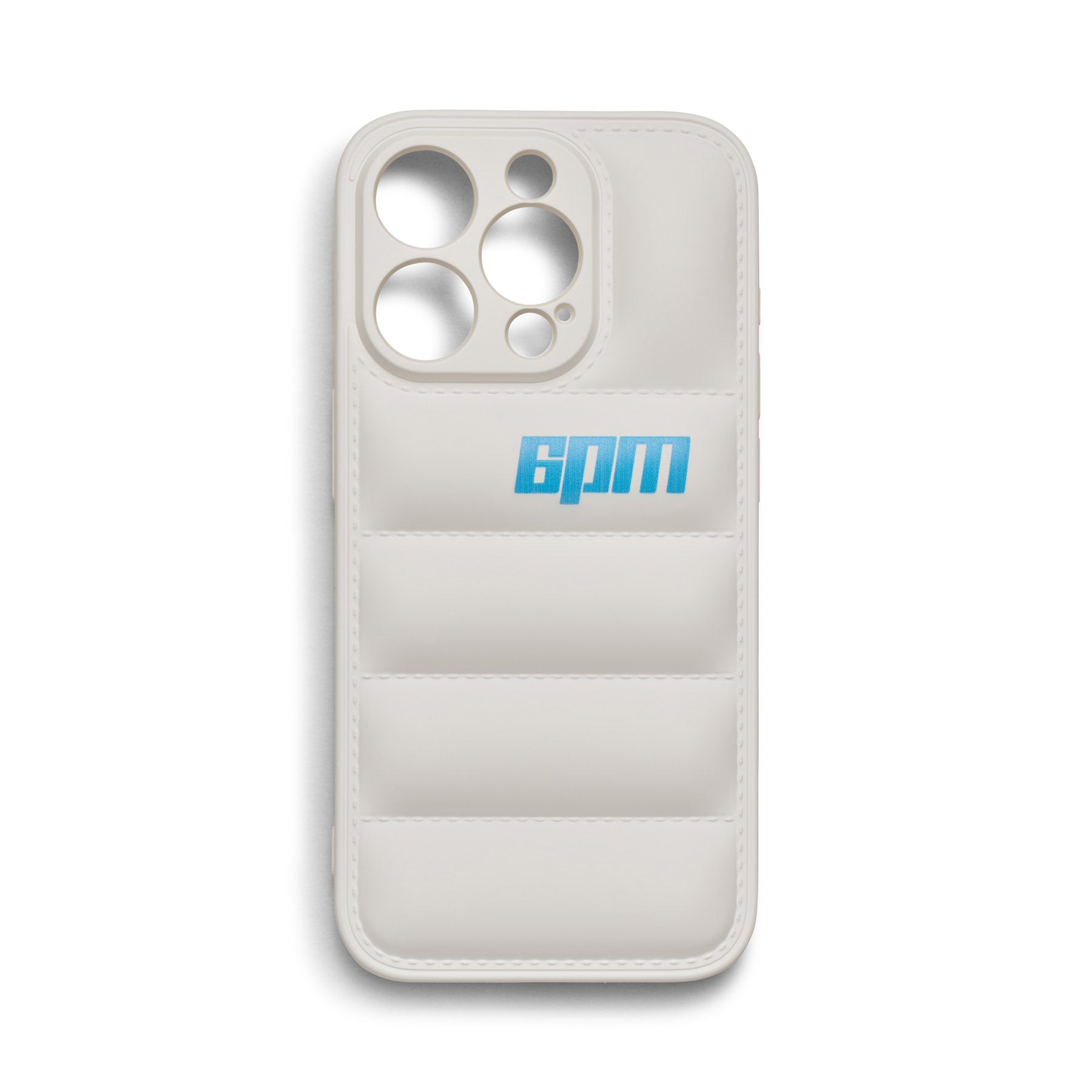 The 6PM IPHONE CASE WHITE features a white 3D rubber padded design with a quilted texture, large camera cutouts, and 6pm in blue gradient font on the back for style and protection.