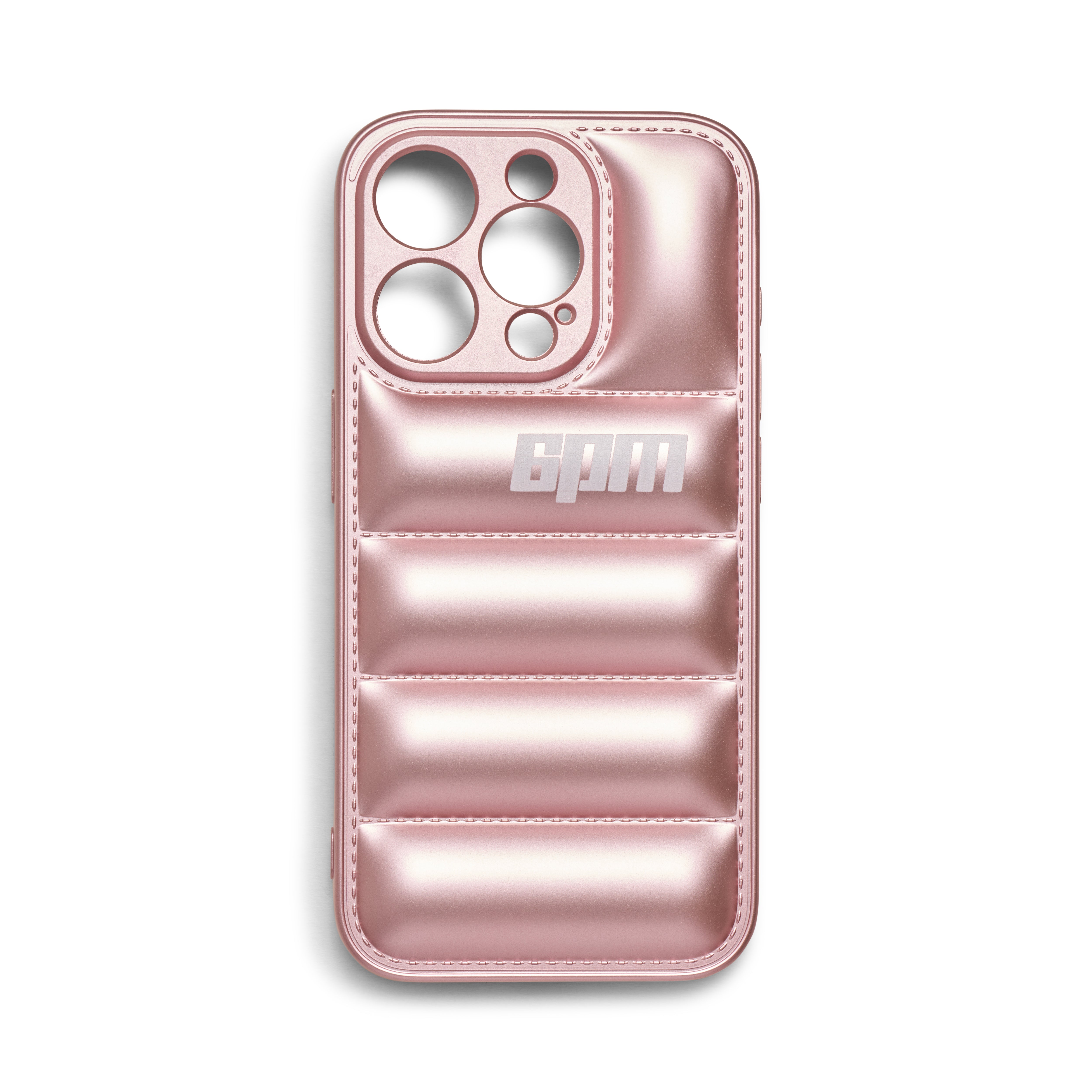 The IPHONE CASE PINK TITANIUM by 6PM is a metallic pink padded case with large camera cutouts, 6PM in white on the back, and a 3D rubber texture featuring horizontal cushioned segments for extra protection and style.