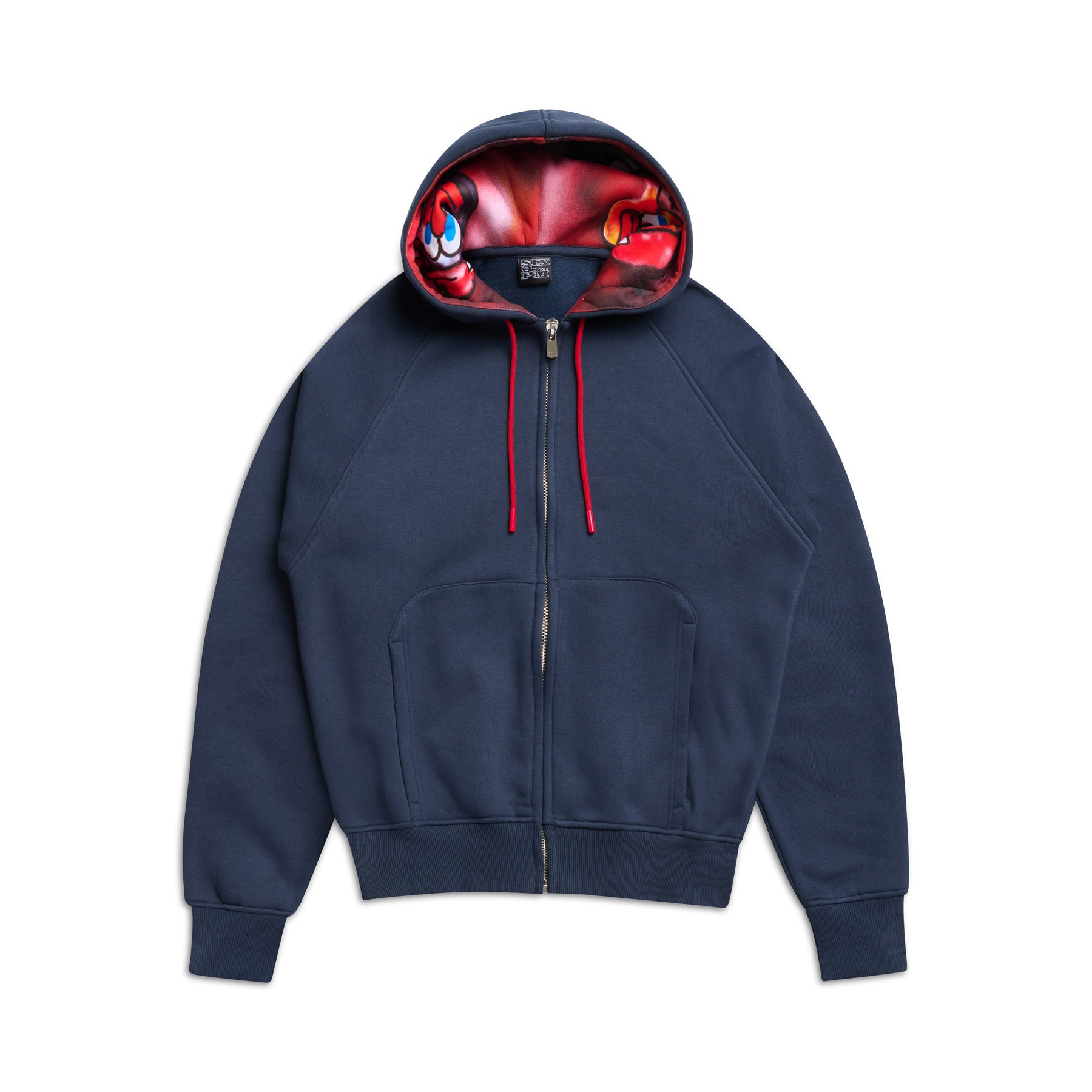 The 6PM SLAWN ZIP HOODIE is a navy blue zip-up with red drawstrings and a vibrant, red-toned print lining the hood, shown against a white background.