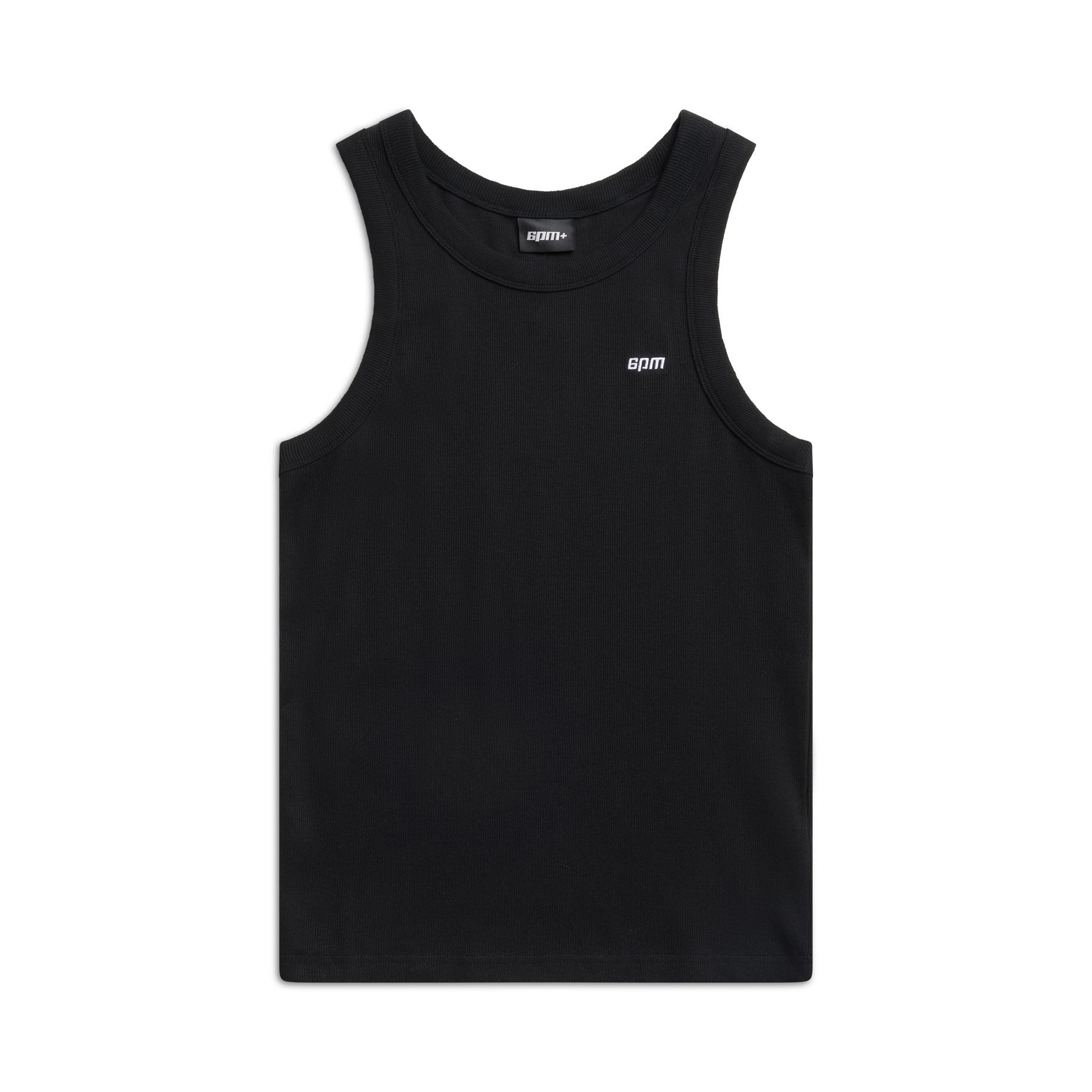 The 6PM TANK TOP BLACK (SINGLE) is a ribbed cotton tank with a round neckline and a small white logo on the left chest, showcased on a white background—an iconic favorite of rappers and dads.