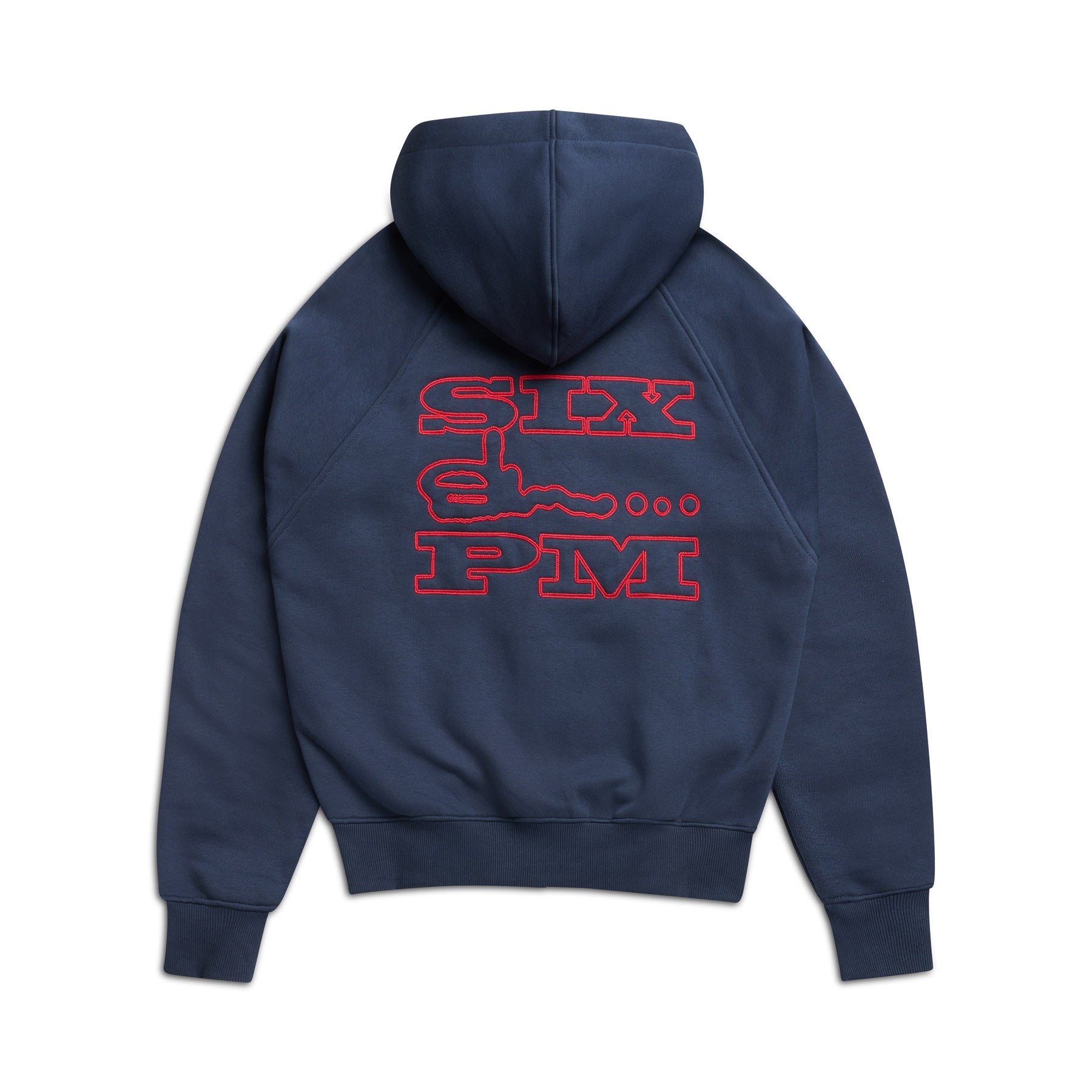 The SLAWN ZIP HOODIE by 6PM is a navy blue, relaxed-fit, long-sleeve zip hoodie featuring red outlined SIX PM text, a reclining figure graphic, and three dots on the back.