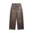 The WAX COATED DENIM BROWN pants from 6PM feature a high-waisted, wide-leg design with front pockets, belt loops, and a button-zipper closure, shown flat on a white background.