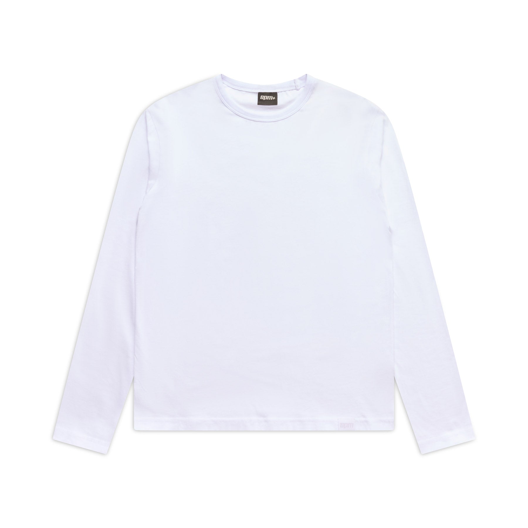 The 6PM+ Slim Fit Longsleeve White by 6PM is a plain white, slim-cut crewneck T-shirt, shown laid flat on a white background with its black neck tag visible.