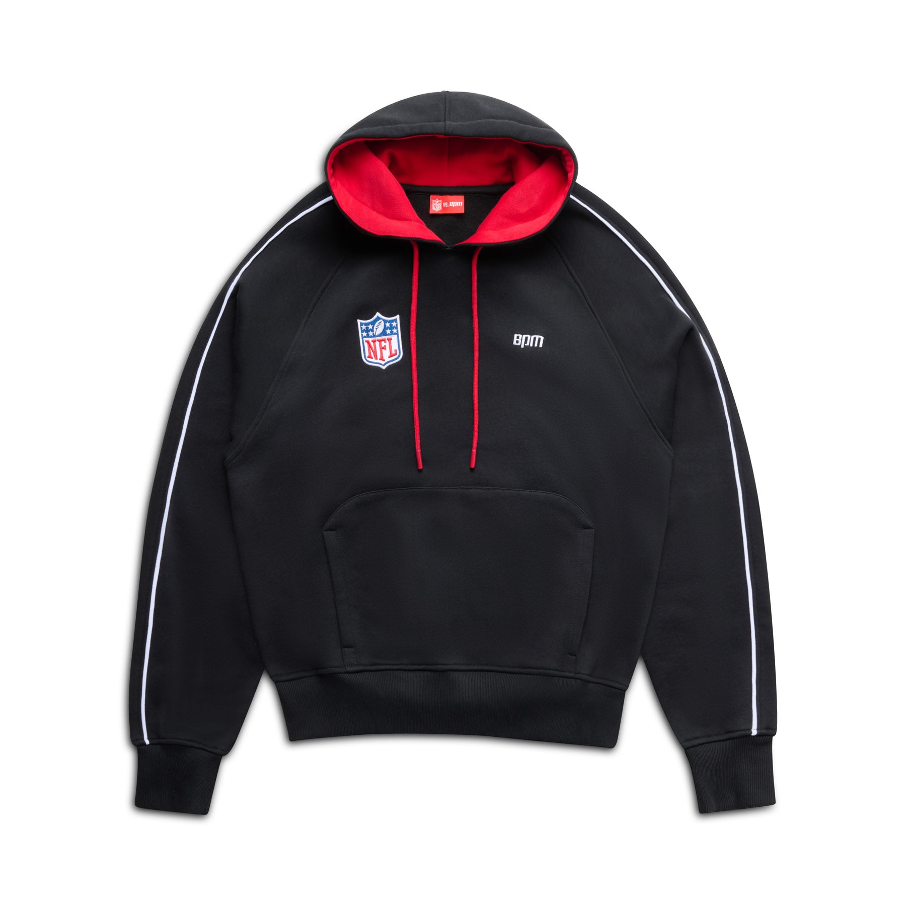 The 6PM NFL PIPING HOODIE features white piping on the sleeves, a red hood lining and drawstrings, an NFL logo patch on the left chest, and small white “8PM” text on the right chest.