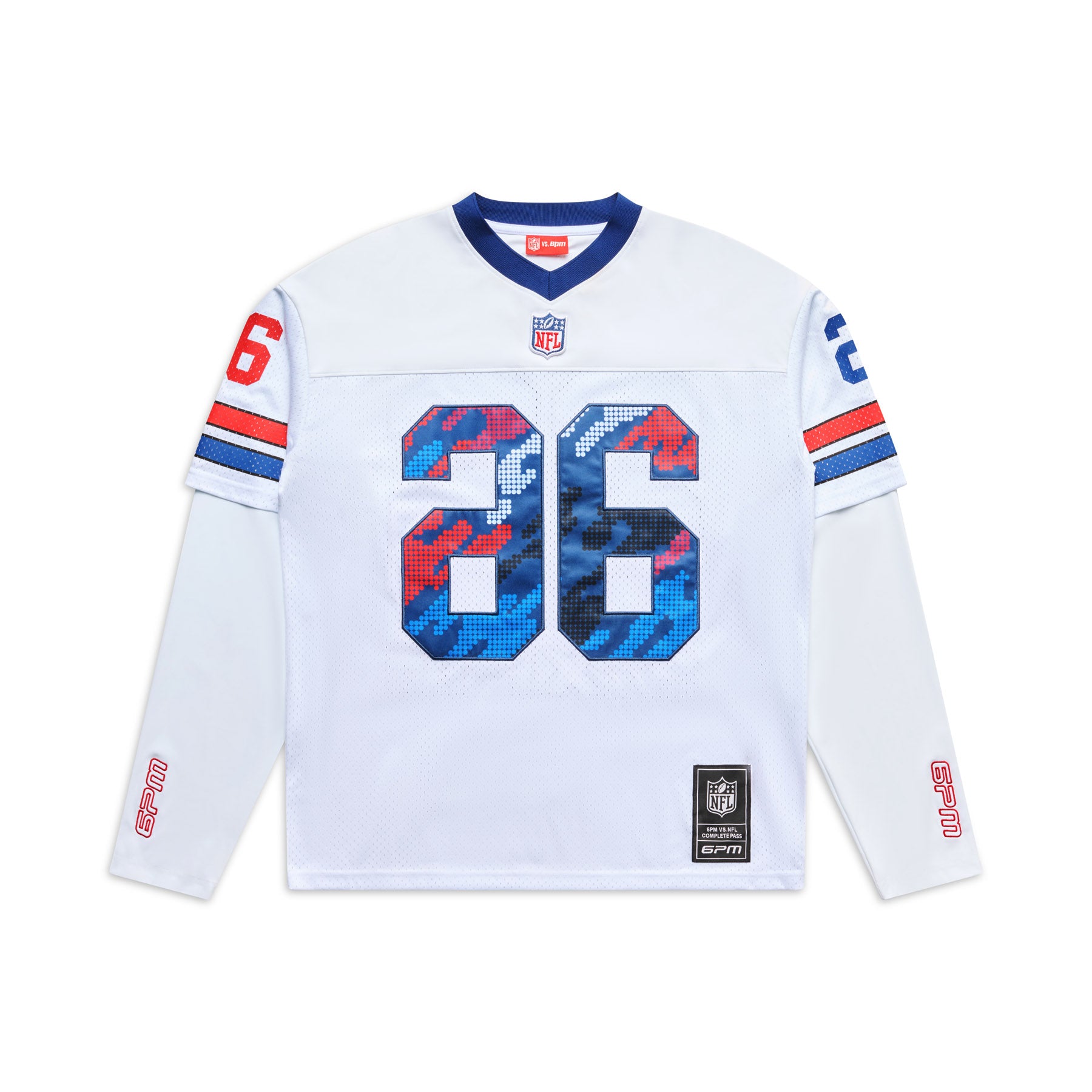 The 6PM NFL Layered Mesh Longsleeve White jersey features blue and red accents, number 26 in blue camo print on the front and sleeves, visible NFL and Nike logos, plus red text detailing on the sleeves.