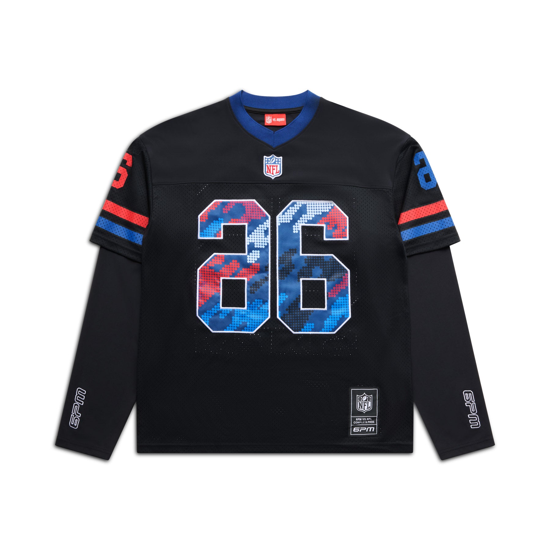 The NFL LAYERED MESH LONGSLEEVE BLACK by 6PM features black mesh, red and blue sleeve stripes, a large mosaic 86 in blue, red, and white on the front, plus NFL and 6PM branding patches near the collar and hem.